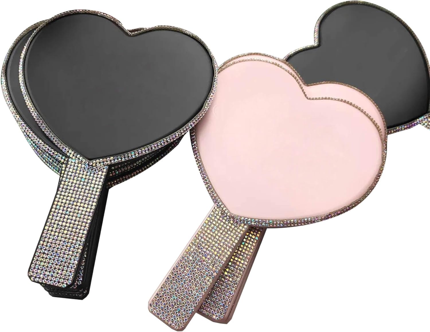 Generic Luxury 2 Pc Bling Diamond Rhinestone Heart Shaped Handheld Cosmetic Travel Mirror (Pink and Black)