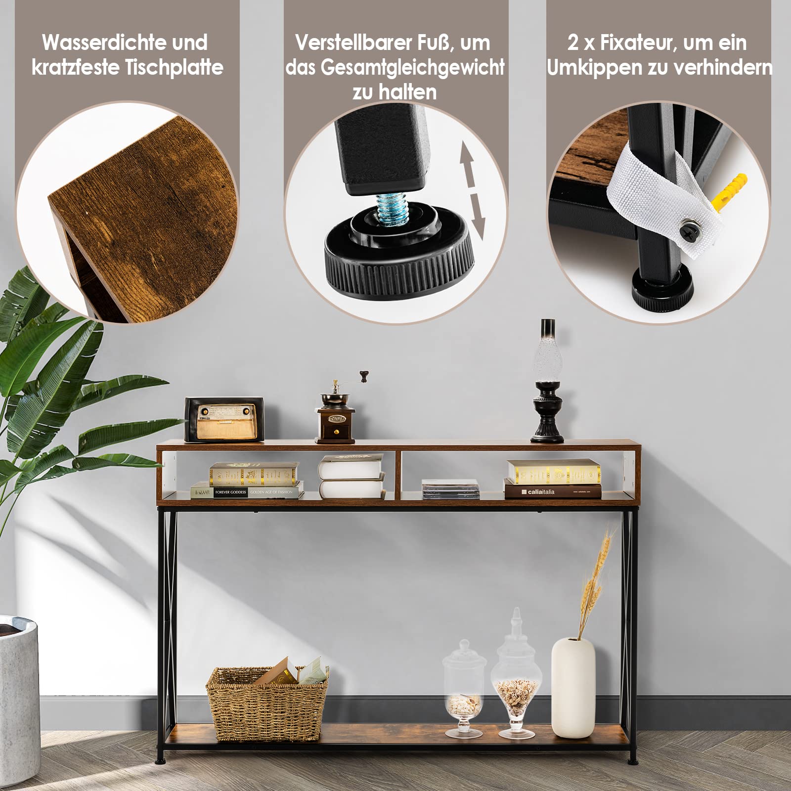 COSTWAY Consoletafel met plank en lade, bijzettafel met 2 verdiepingen, hout, nachtkastje, gangtafel voor woonkamer, slaapkamer, entree 60 x 25 x 60,5 cm (2 x donkerbruin