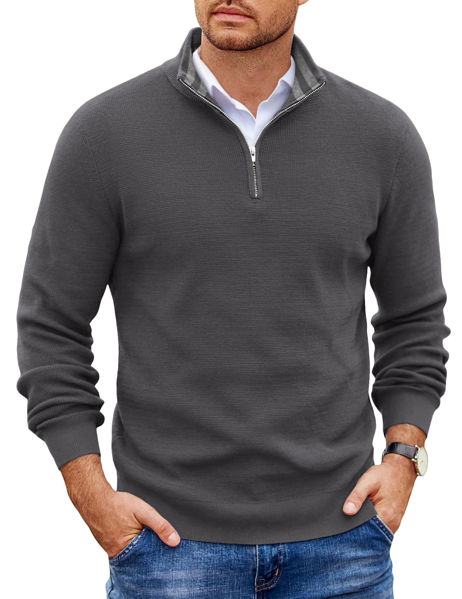 COOFANDY Mens Quarter Zip Pullover Slim Fit Lightweight Sweater Casual Mock Neck Knit Polo Sweater