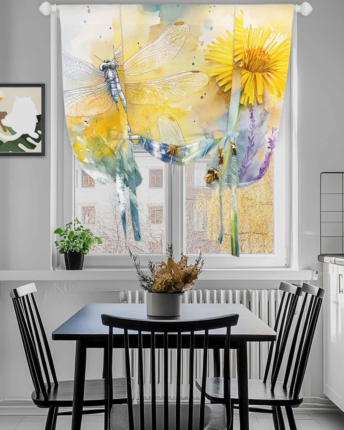 Tie Up Curtain for Windows Dragonfly Flower Balloon Window Shades for Bedroom Bathroom Adjustable Rod Pocket Spring Pastoral Window Treatment Curtains Valance for Kitchen 52" W x 63" L