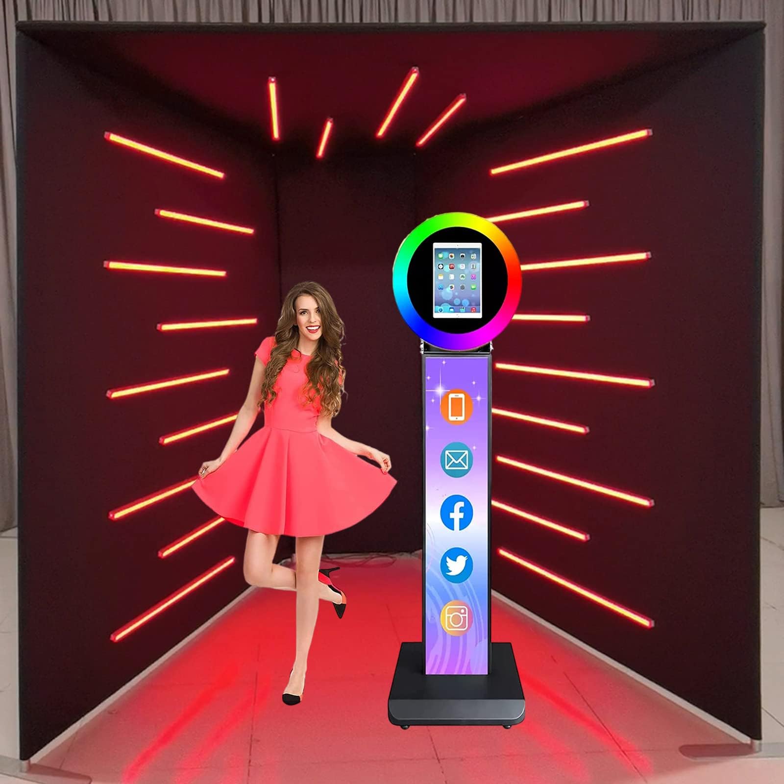 ZLPOWER 7.5FT Photo Booth Enclosure Backdrop Background Tents Customized Logo Degree Video Selfie Rotating Photobooth with 23 PCS LED Light Screen Enclosure Stand Backdrops for Rental Wedding Party