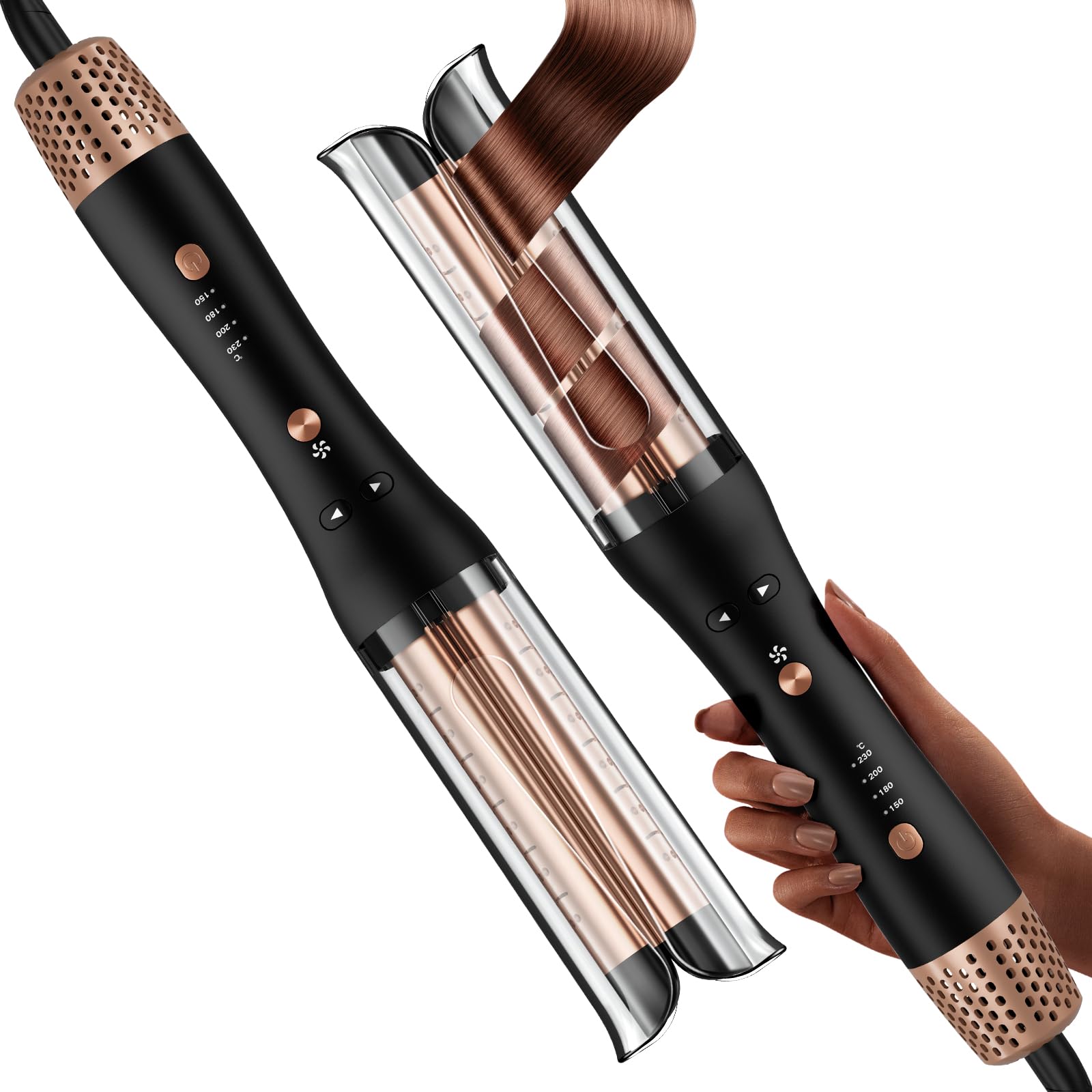 Kaltluft Lockenstab Automatisch – 32mm Beach Waves Curler, 4 Temperaturstufen (150–230°C), Anti-Verbrennungs, Automatischer Rotierender Lockenstab für Große & Kleine Locken, Roségold