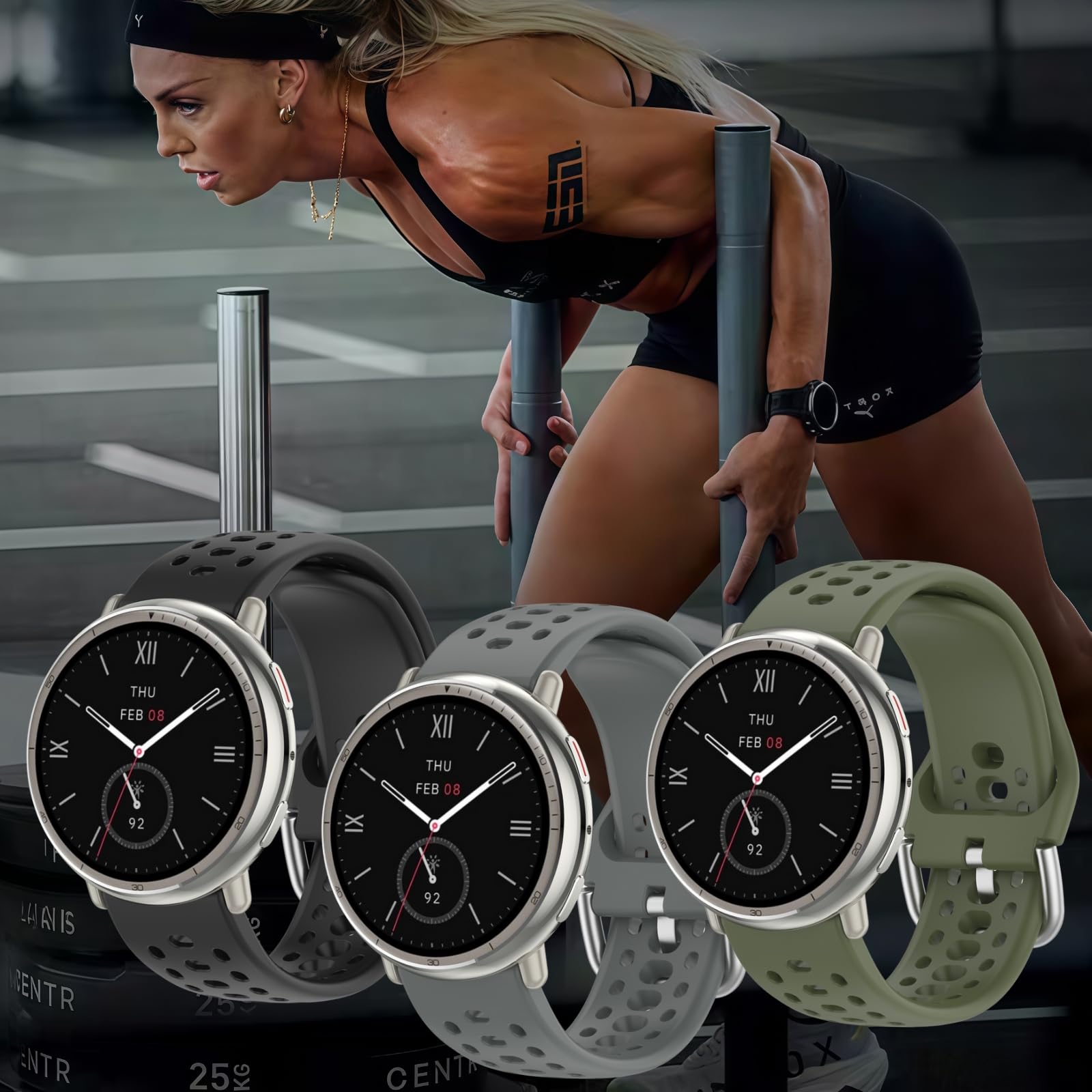 Bracelet de montre de 20 mm pour Amazfit Active 2, bracelet de montre de sport à dégagement rapide en silicone compatible avec Amazfit Active 2/Active (lot de 3, noir/gris sidéral/vert