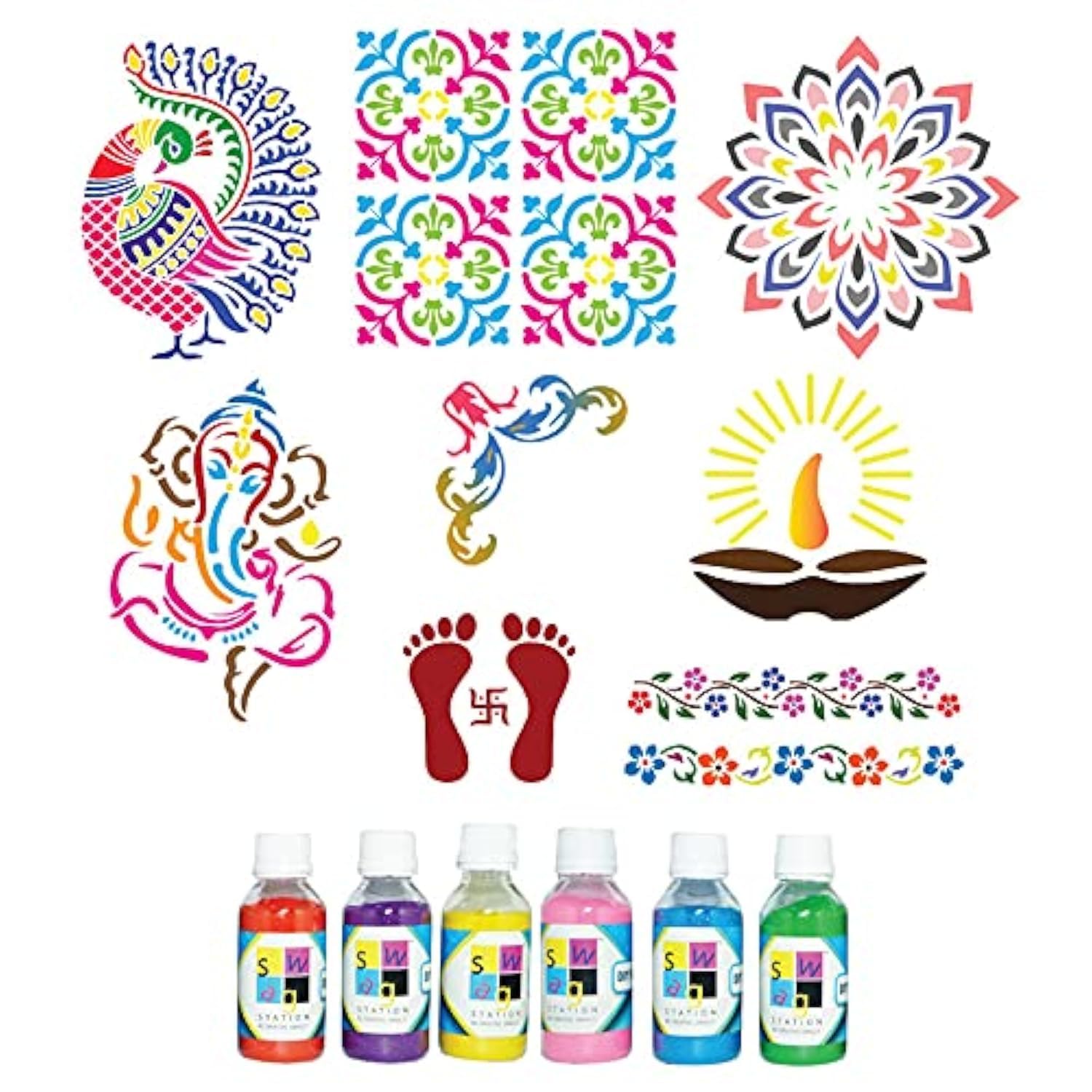 Wooden Rangoli Stencils Set For Diwali - 4 Pieces, 6x6 Inches, Reusable Floor Decoration