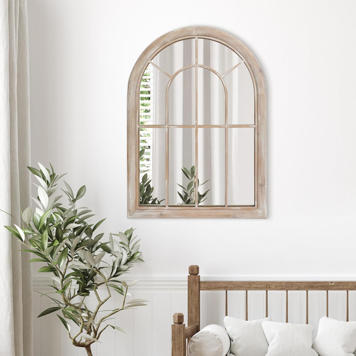 RiteSune Farmhouse Arched Window Pane Mirror, Rustic Solid Wood Wall Mirror with Distressed Frame, Decorative Mirror for Living Room, Bedroom, Fireplace Mantel, Entryway & Hallway Décor