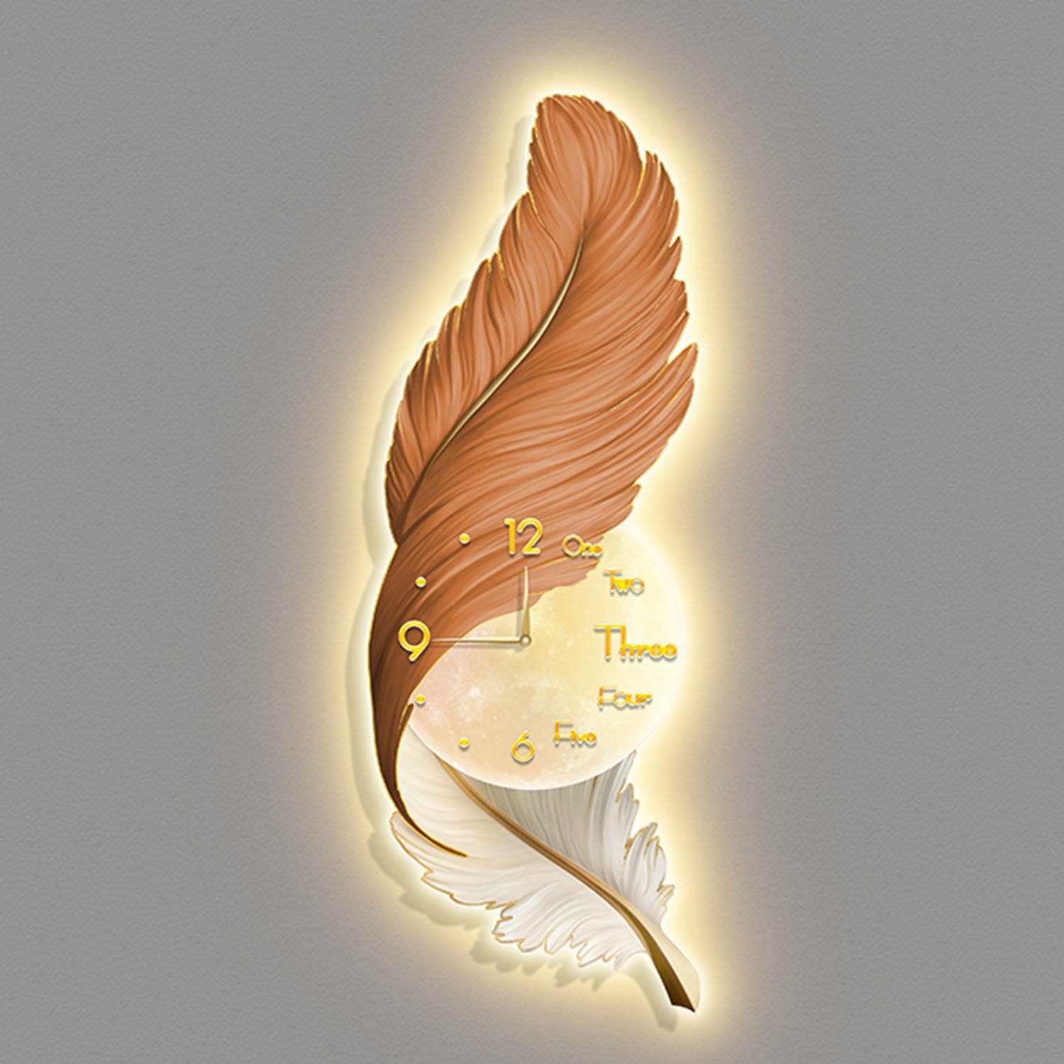 LMYSXAOZ Feather Wall Clock Decor with LED Light, Luxury Art Sculpture, Elegant Sconce for Living Dining Room Bedroom Hallway,A,54 * 150cm