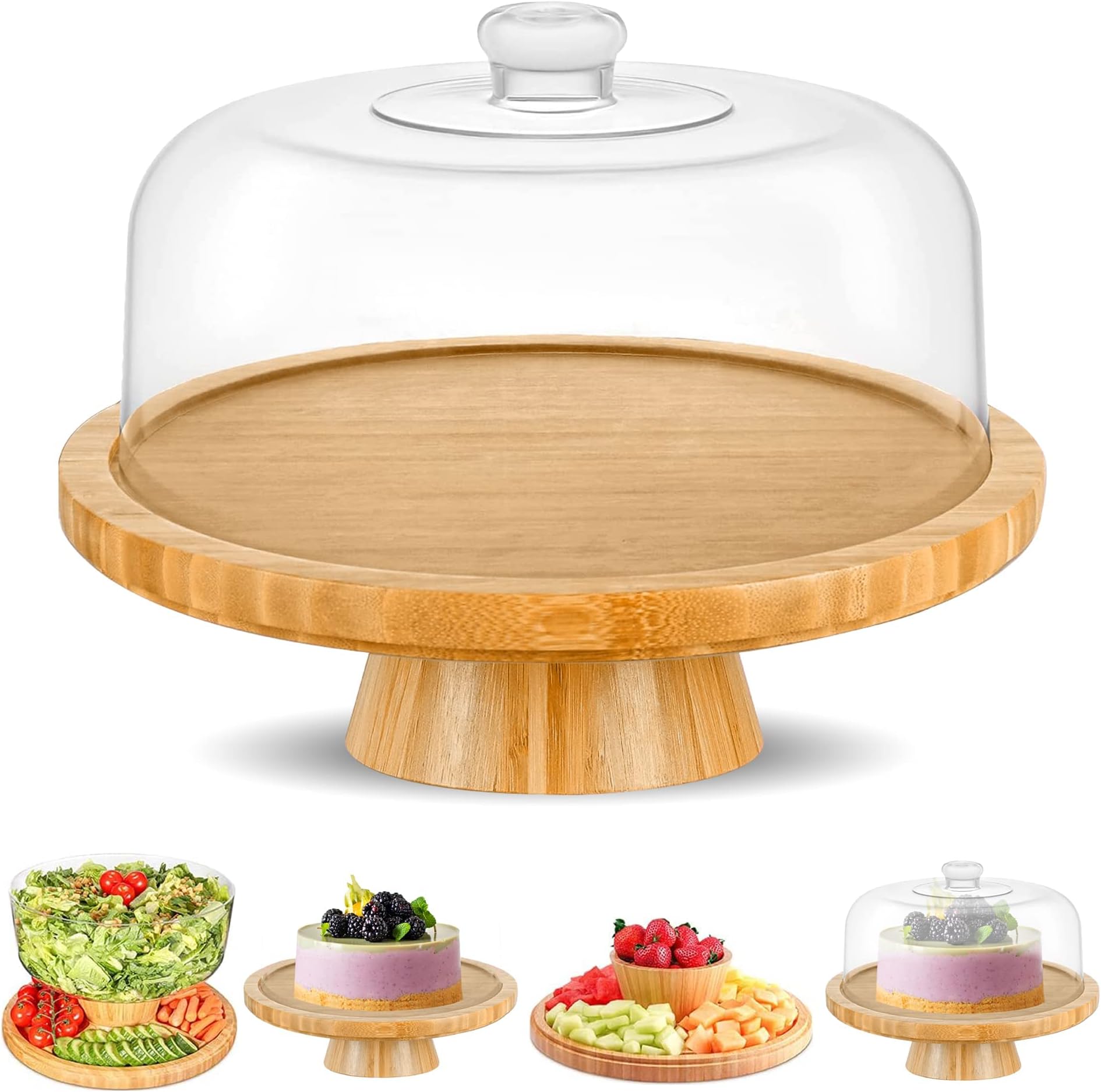 6-in-1 Bamboo Cake Stand with Dome – Multifunctional Serving Platter, Punch Bowl, Salad Bowl, Chip & Dip Tray, Dessert Display with Clear Acrylic Cover