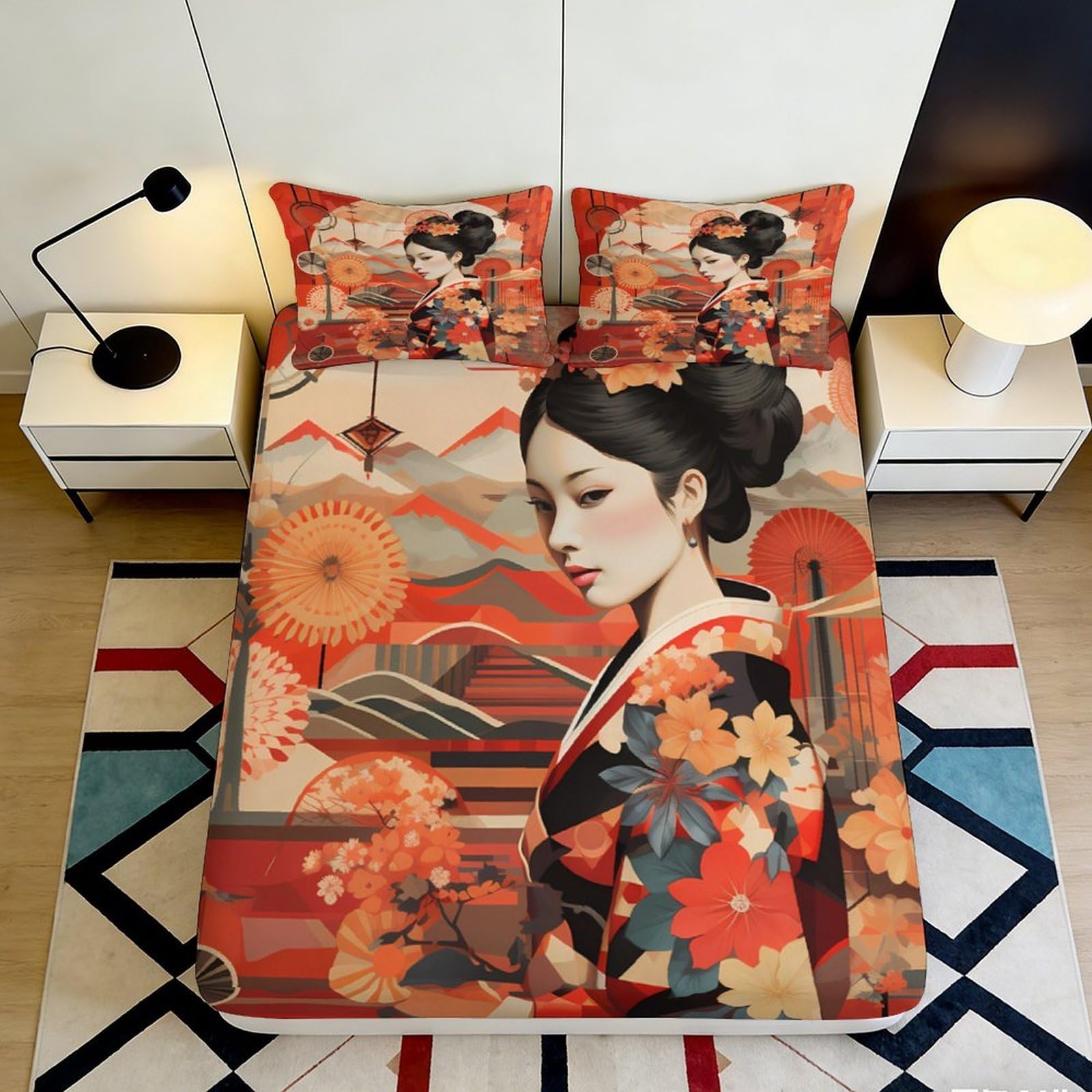 3D Printed Japanese Kimono Fitted Sheet Microfiber Orange Floral Geisha Mattress Cover for Bedroom Home Decor 200x200x25cm