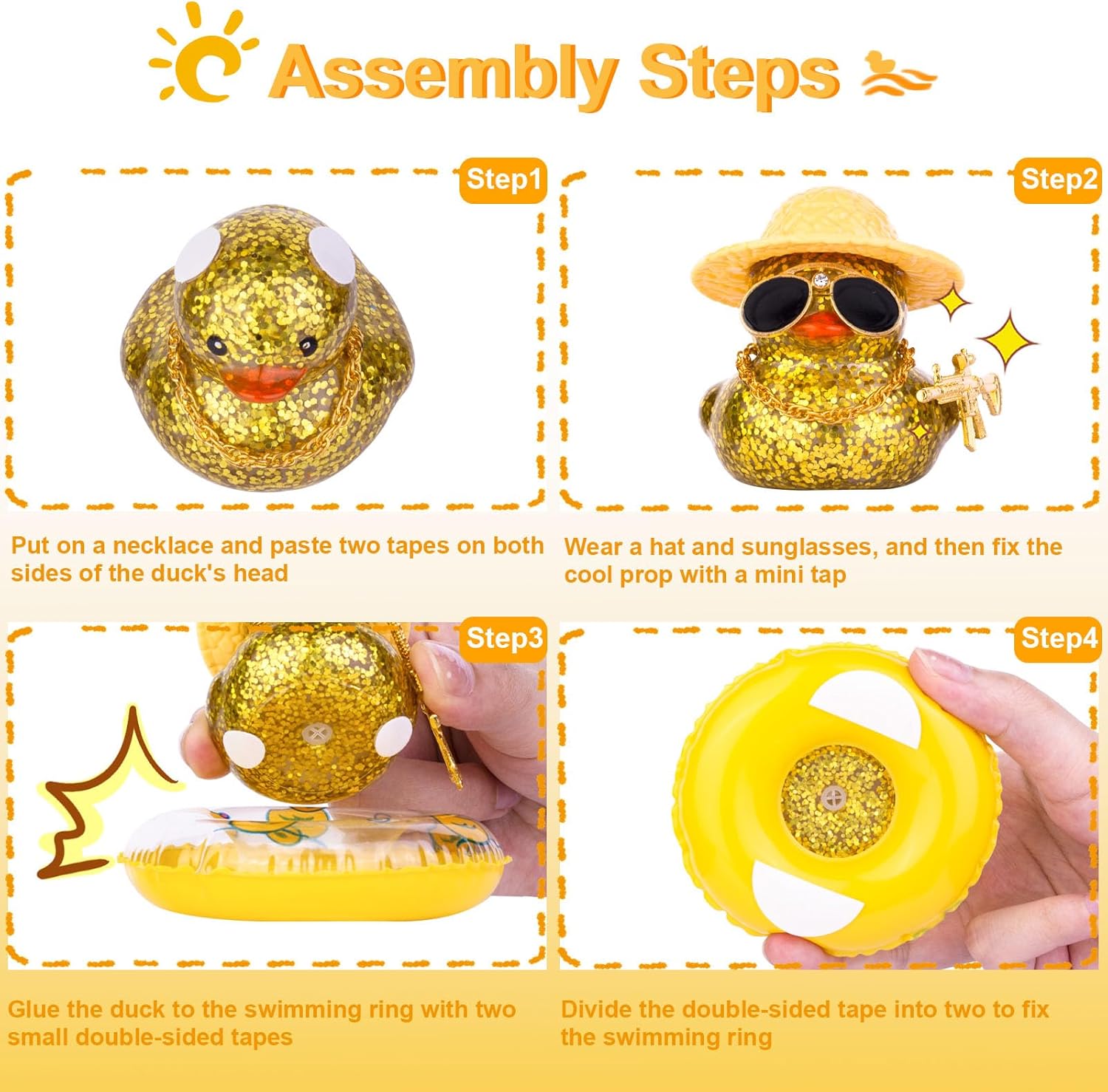 Car Rubber Duck Dashboard Decoration Colorful Duck Car Ornaments with Special Props Mini Swim Ring Sunglasses Cowboy or Sun Hat