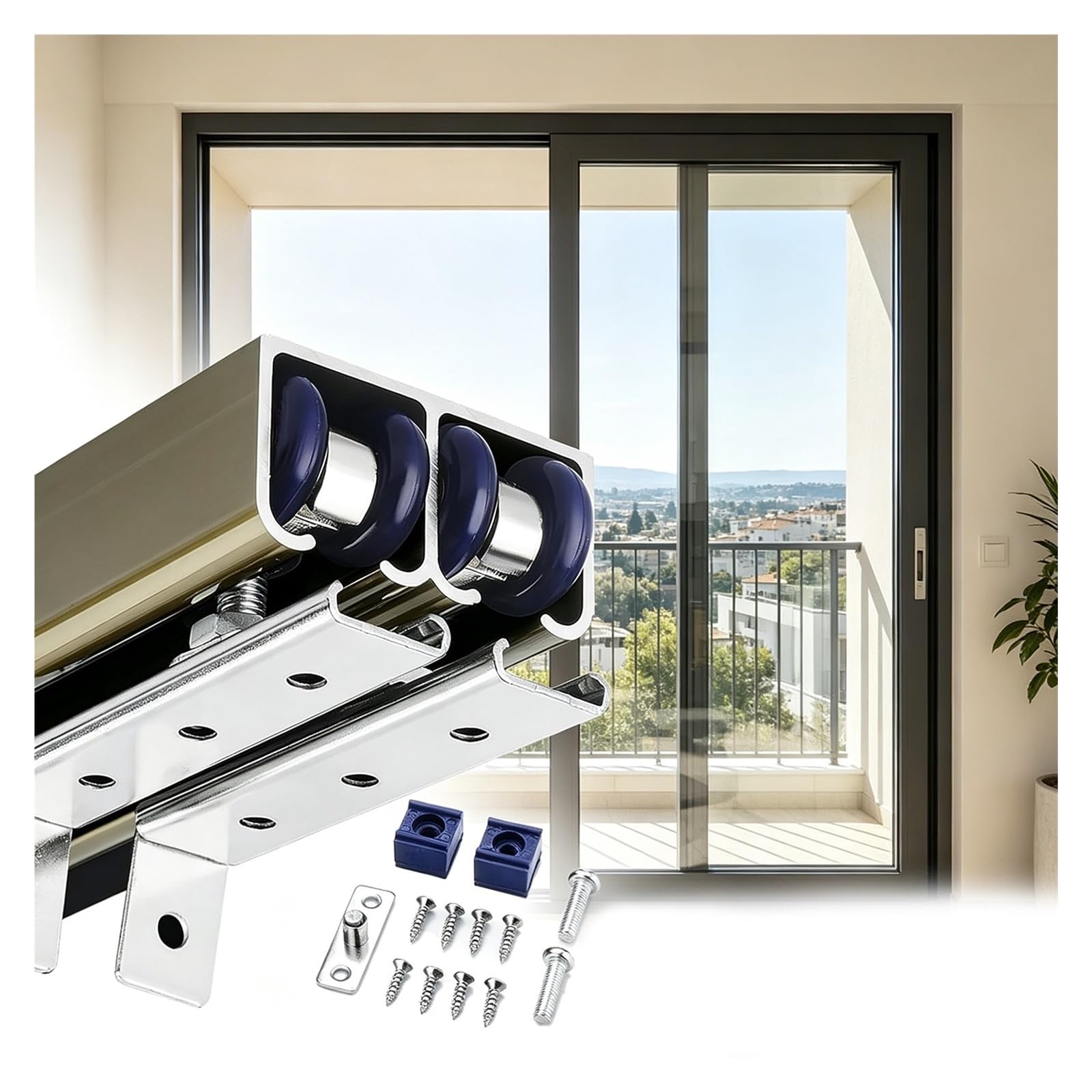 EBZFASO Sliding Door Track, Ceiling Mounted Dual Barn Door Track Hardware Kit,1m-4m, for Kitchen Cabinet(Champagne,1.4m/4.6ft)