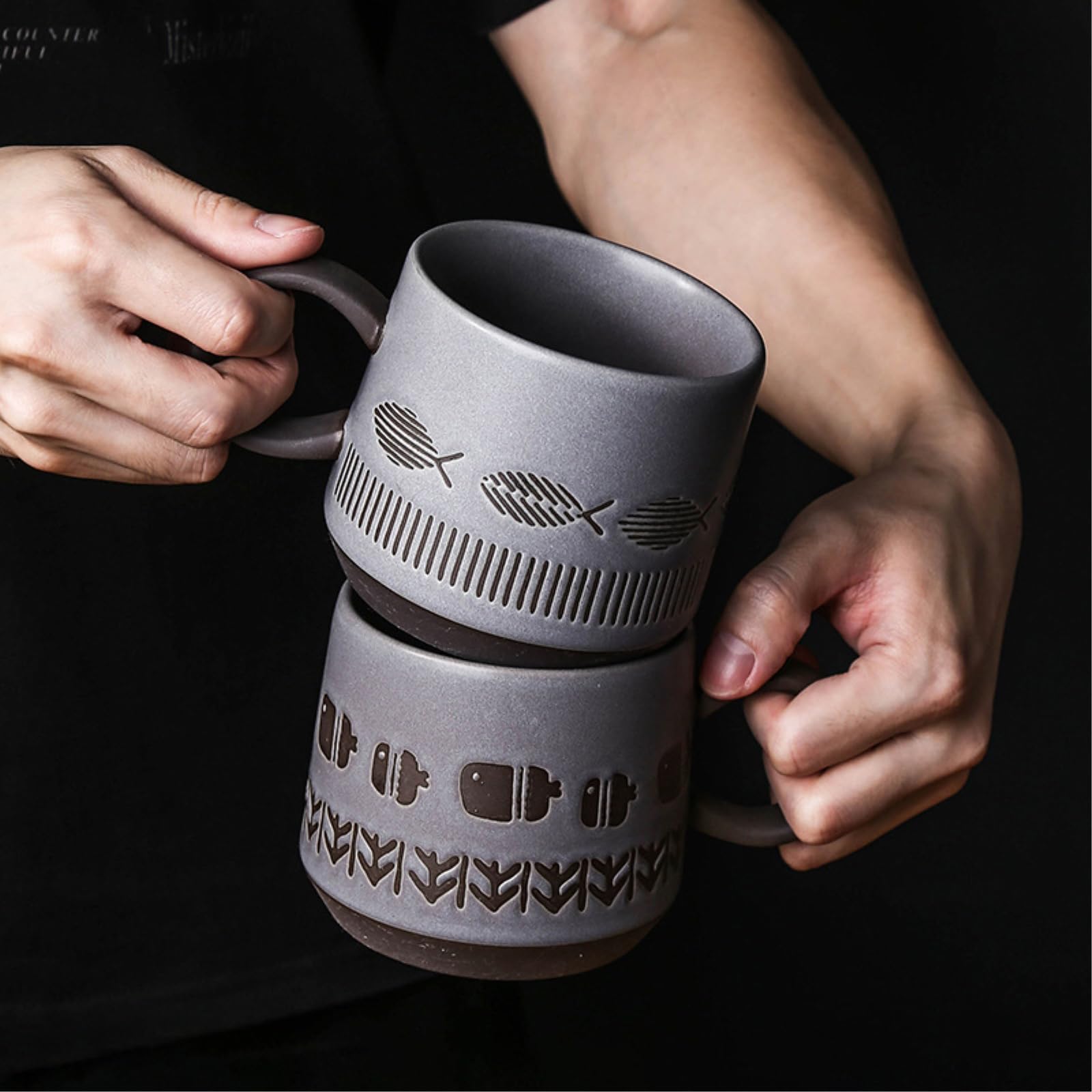 Taza de café de cerámica gruesa retro de 450 ml, taza de desayuno de cereales de leche, pescado gordito, 401-500 ml