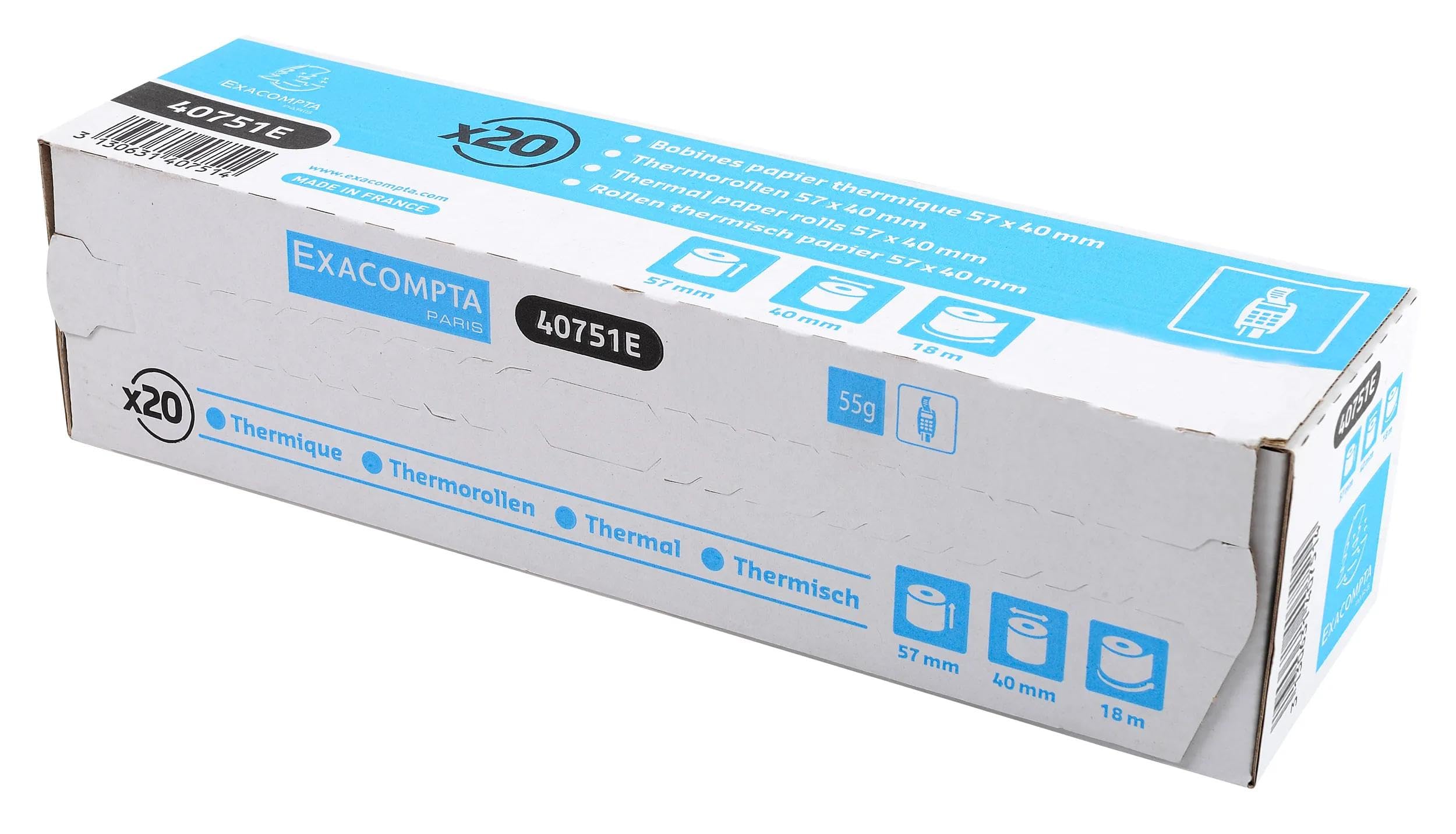 Exacompta - Réf. 40751E - Carton de 120 bobines pour tickets de carte bancaire - largeur 57mm x diamètre 40mm - mandrin 12mm - 1 pli thermique 55g/m² sans BpA - Métrage (+ ou - 2m) : 18 m - Blanc