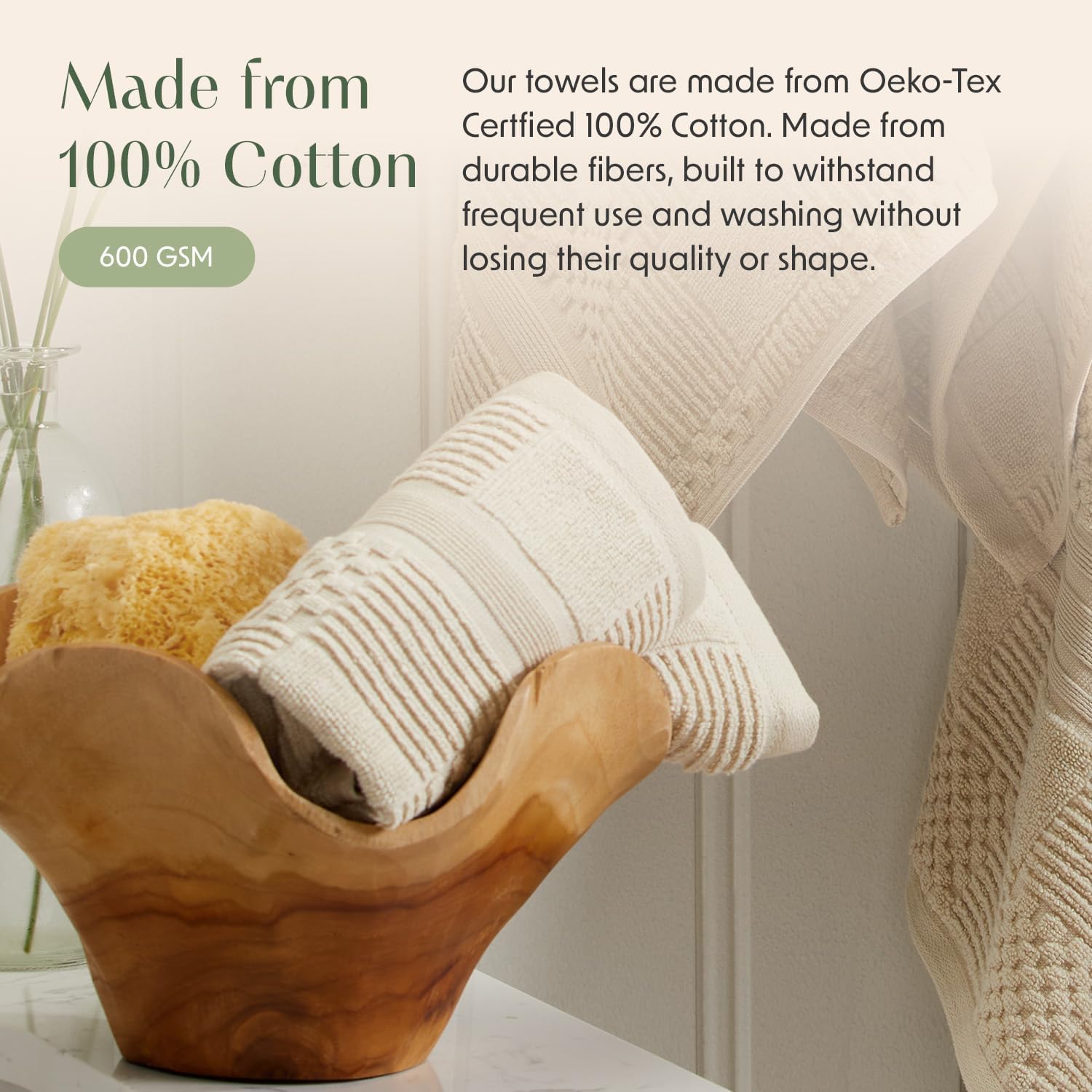 Springtree Home 100% Cotton Bath Towel Set of 4 | Beige Towels | Geometric Textured Design | Absorbent & Quick-Dry | 4 Bath Towels | Oeko-TEX® Standard 100 Cotton | Myla Collection - Sandshell - Image 4