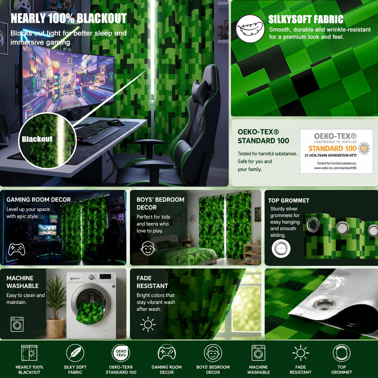 Grüne verpixelte Minenarbeiter-Vorhänge, Videospiele, Fenstervorhang, Kinder-, Jungen-, Mädchen-, Jugendzimmer-Dekor, Cartoon-Gamepad-Fensterbehandlungsvorhang, modern, geometrisch, kariert