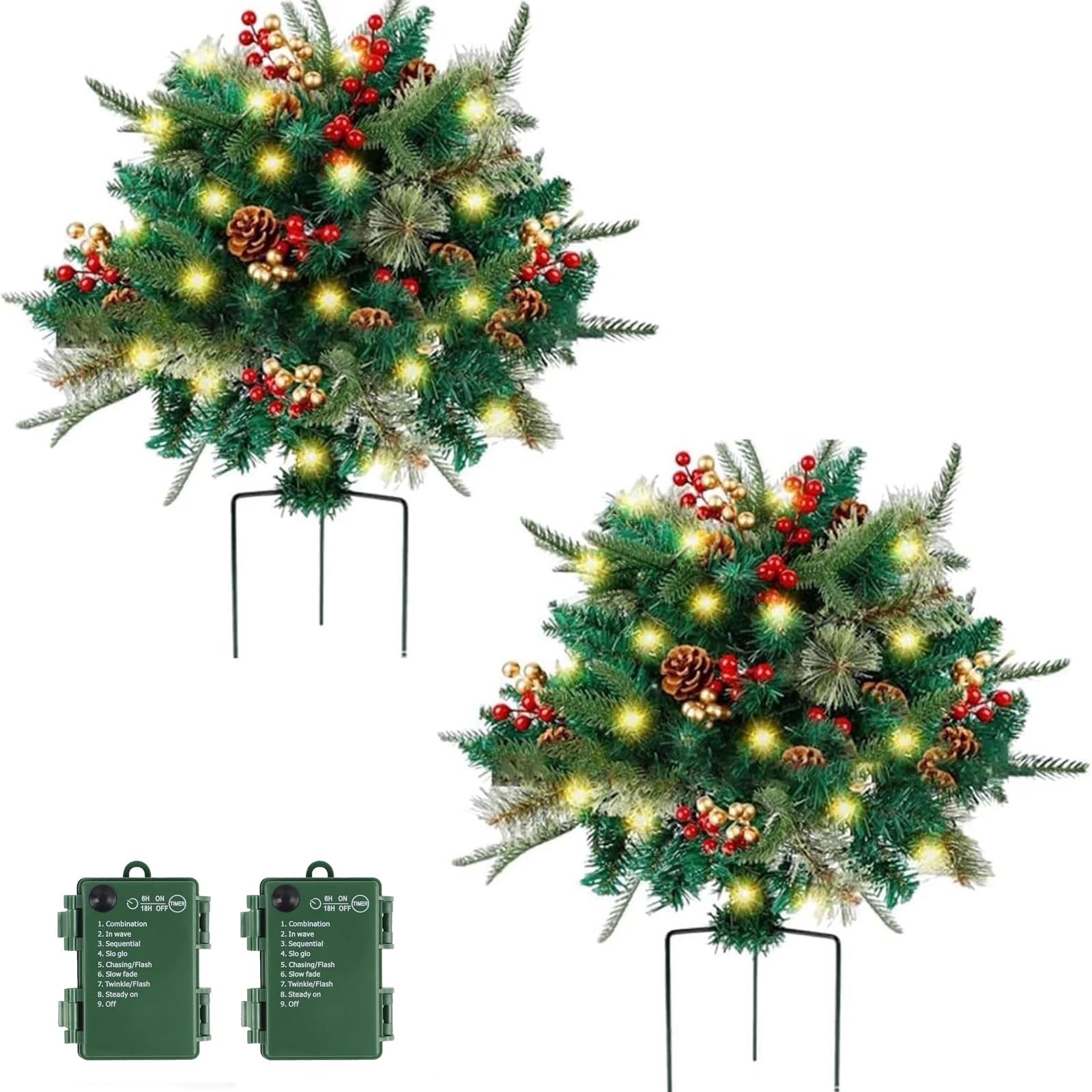 Rivokeer 2 Pack Pre-lit Artificial Christmas Tree Urn Filler, Battery Operated Lighted Xmas Tree with Pinecones & Berries, Holiday Planter Filler Outdoor Waterproof Decor for Porch, Garden, Yard