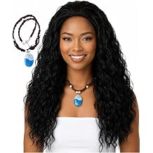 Long Black Curly Wig with Necklace Black Fluffy Anime Princess Wig for Women Heat Resistant Synthetic Hair for Halloween Cosplay Party Costume