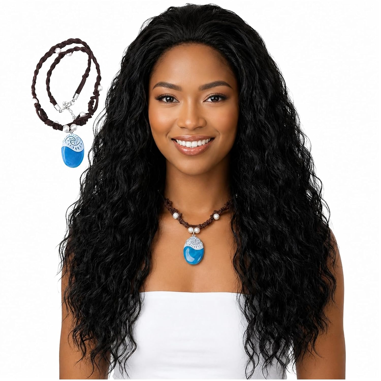 Long Black Curly Wig with Necklace Black Fluffy Anime Princess Wig for Women Heat Resistant Synthetic Hair for Halloween Cosplay Party Costume