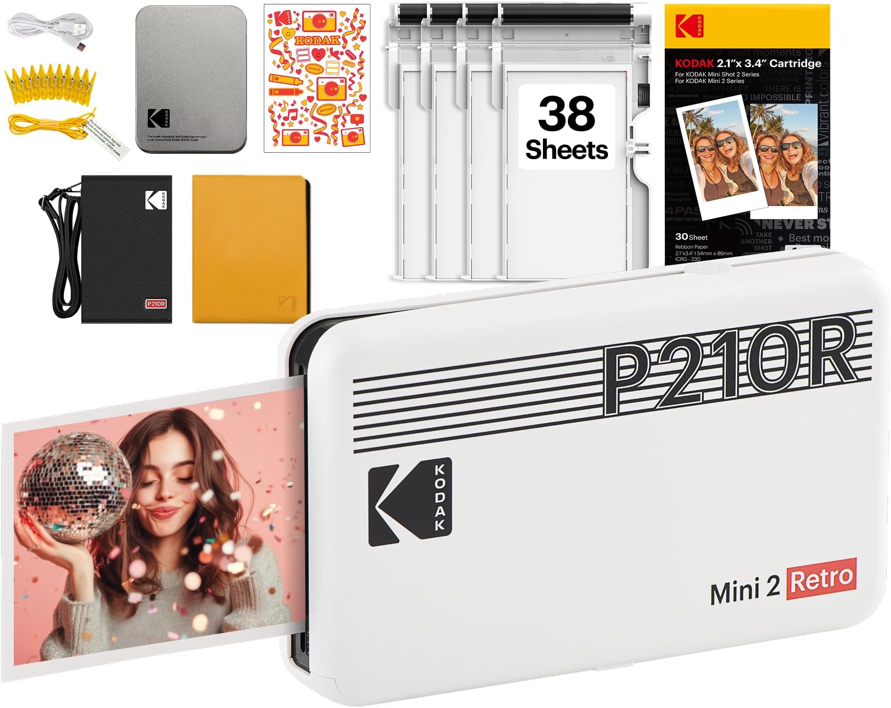 KODAK Mini 2 Retro 4PASS Portable Photo Printer (2.1x3.4 inches) Initial 8 Sheets + 30 Sheet Pack, Gift Bundle, White