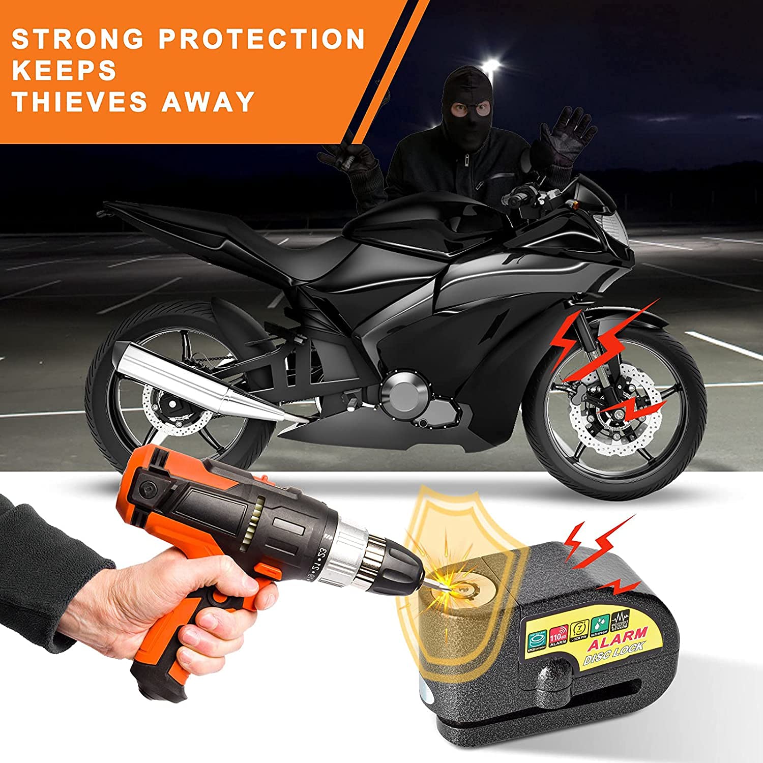 Gbivbe 110dB, blocco freno a disco, allarme moto, nero, confezione da 1 pezzo, controlli fisici, compatibile con moto, ciclomotore, scooter, bicicletta