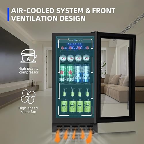 Miniatura 4 de Refrigerador de bebidas de 15 pulgadas, refrigerador de bebidas de 130 latas con puerta de vidrio y cerradura, compresor mejorado, bajo ruido