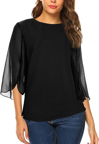 Oyamiki Womens Half Sleeve Layered Flowy Chiffon Blouses Round Neck Shirts Tops