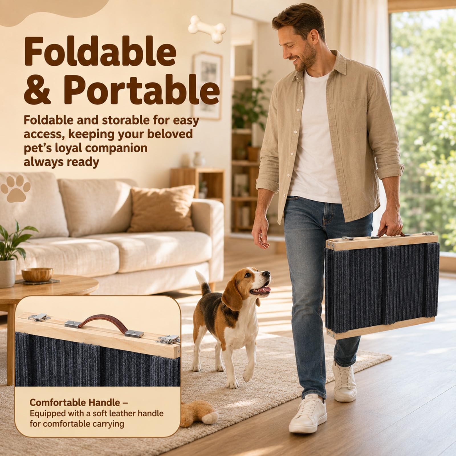 Rampe Chien en Bois, 84cm Rampe Pliable pour Chien avec 4 Hauteurs Réglable | Escalier portable lits avec revêtement antidérapant Rampe animaux pour chiens petite à moyenne taille jusqu'à 50kg