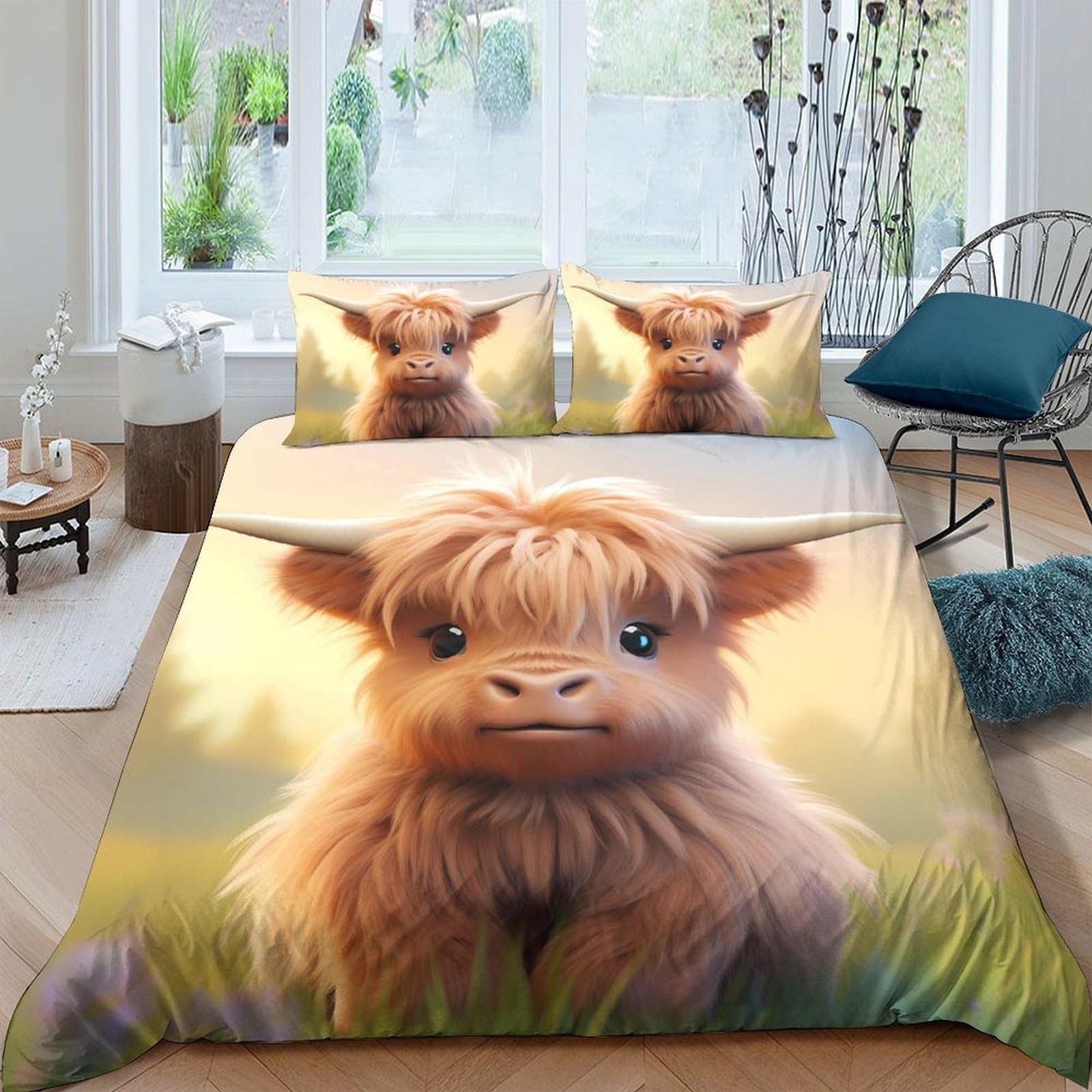 GPLZQXKJNH 3D Printed Highland Cow Duvet Cover Set Microfiber Soft Breathable Farm Animal Bedding Set with 2 Pillowcases for Bedroom Decor Single（135x200cm）