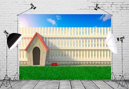 Miniatura 3 de BELECO Telón de fondo de tela de 7 x 5 pies para jardín, casa de perro para fotografía, cabaña de madera, casa de perro con techo rojo, hierba