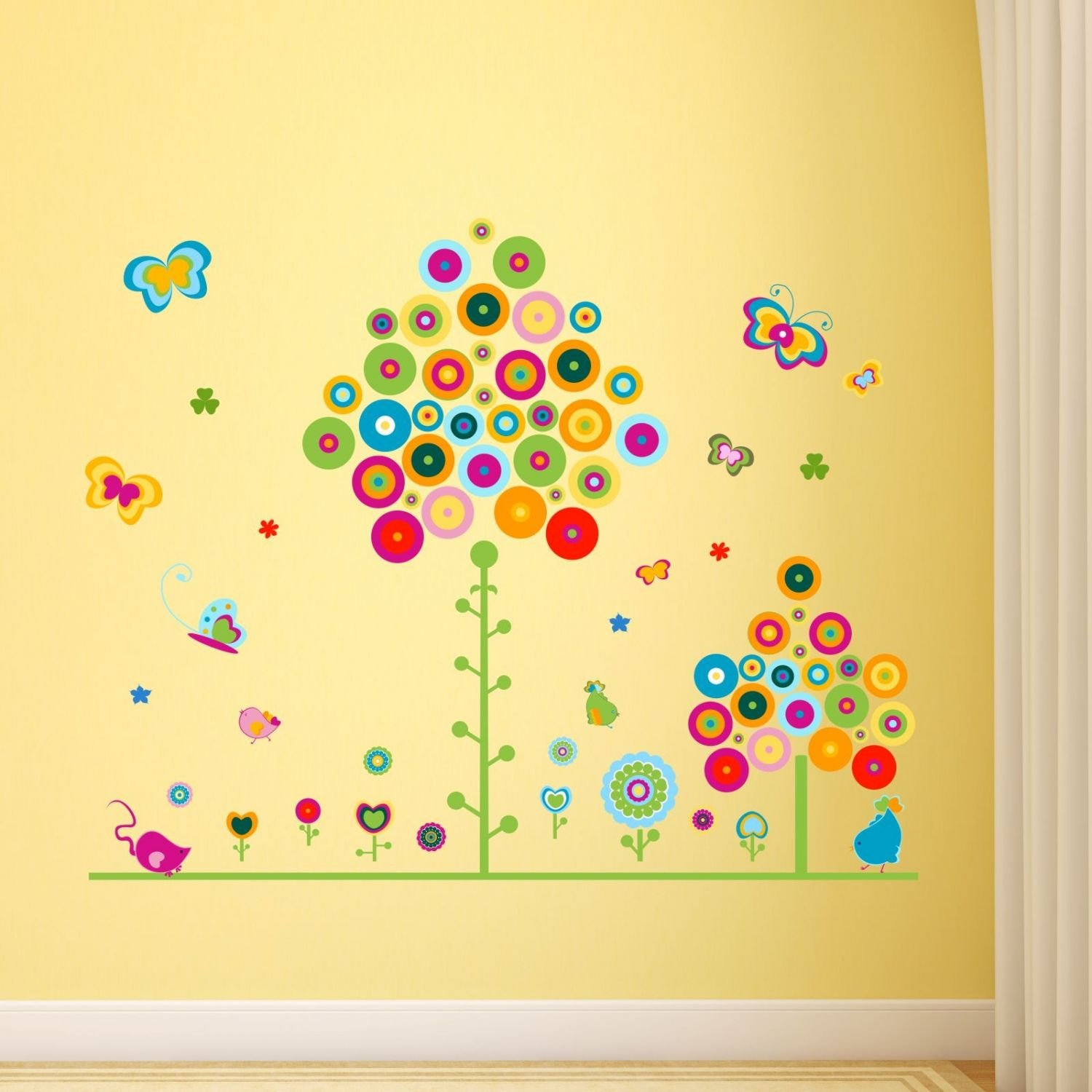 Nikima 083 - Adesivo da parete per cameretta dei bambini, motivo alberi colorati, farfalle, in 3 misure, simpatici adesivi e adesivi per la cameretta dei bambini, 1500 x 1200 mm