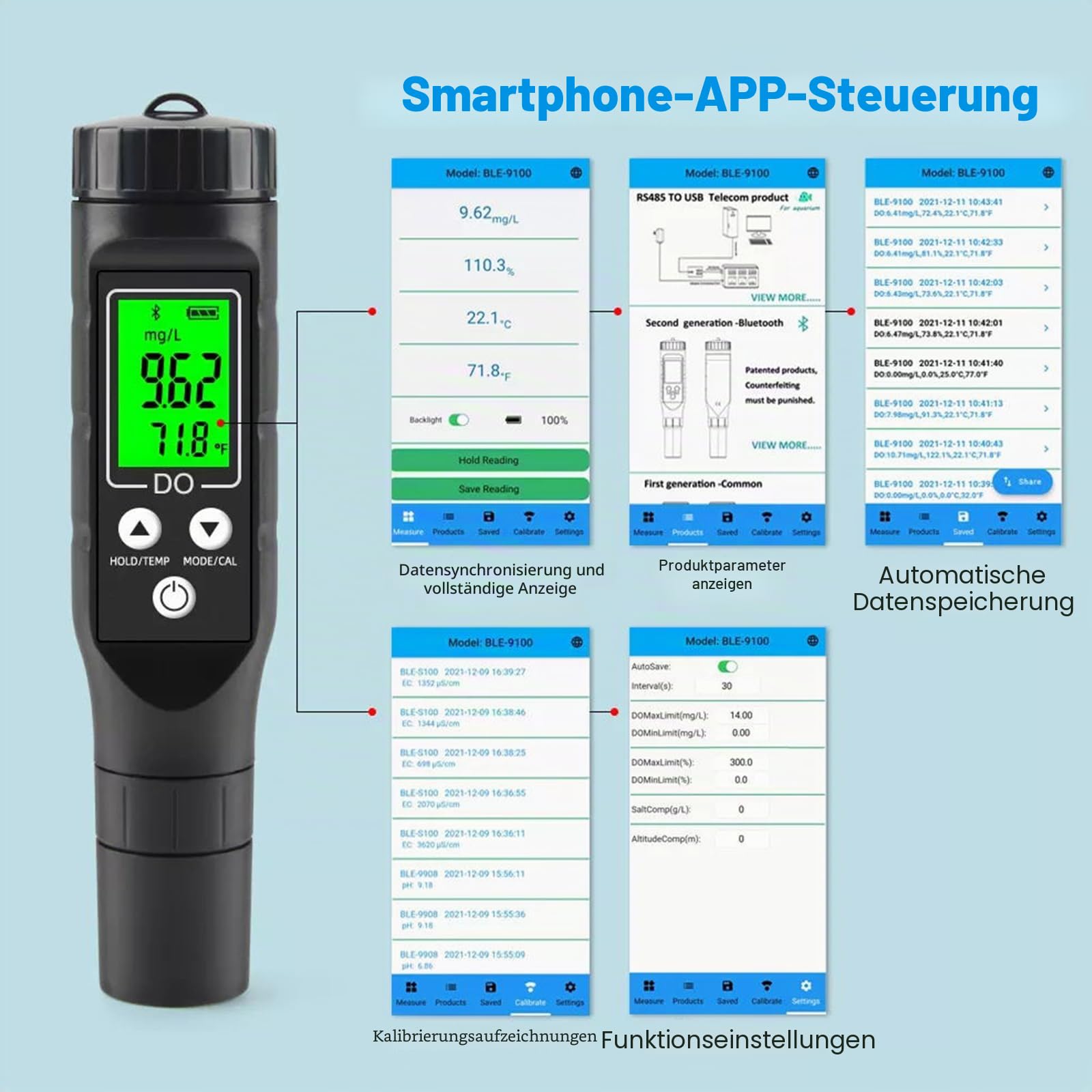 BuyWeek Messgerät für Gelösten Sauerstoff, Smart Bluetooth Analysator für Gelösten Sauerstoff 0,0-30,0 mg/L Digitaler DO Messgerät für Aquarium Aquakultur
