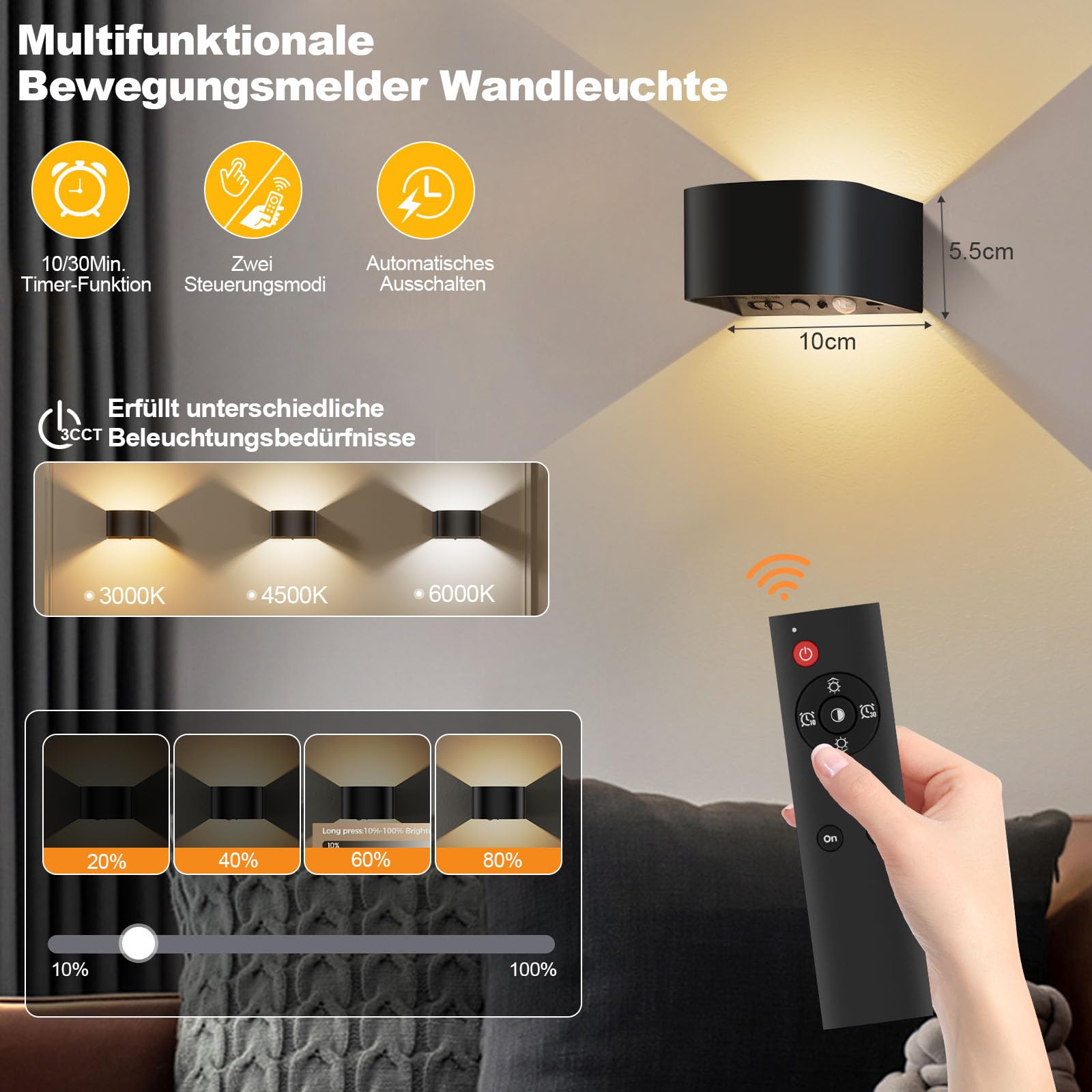 Akumulatorowa lampa ścienna z pilotem zdalnego sterowania, 4 sztuki, lampa ścienna wewnętrzna z czujnikiem ruchu, 3 kolory, oświetlenie ścienne, możliwość ponownego ładowania, reflektor ścienny,