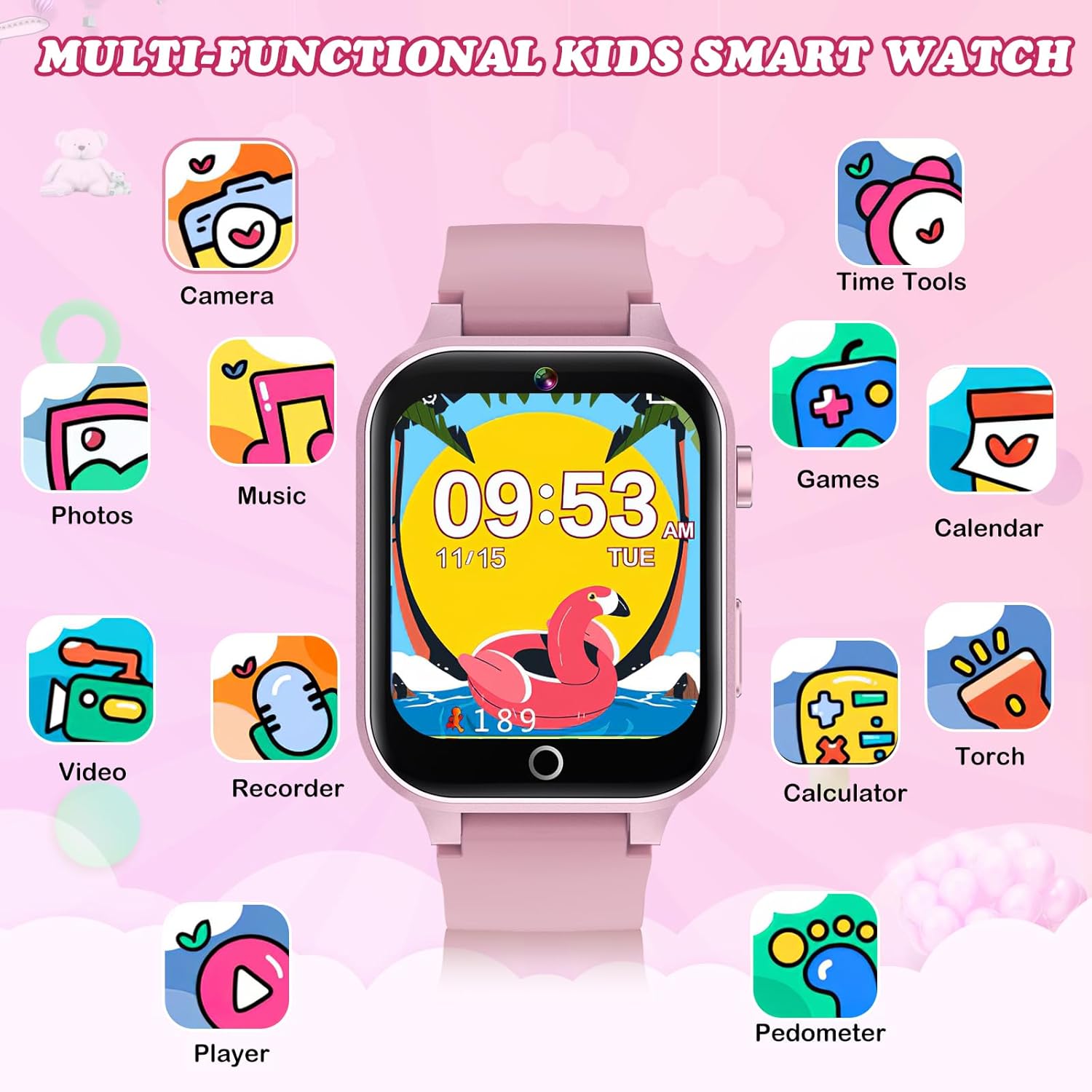 Kids Smart Watch with Camera, Video, Music Player, Alarm Clock, Stopwatch, Calendar, Pedometer, 1.54'' HD Touchscreen, Shockproof, IP68 Waterproof for Girls Boys 6-12 Years Old (Pink)