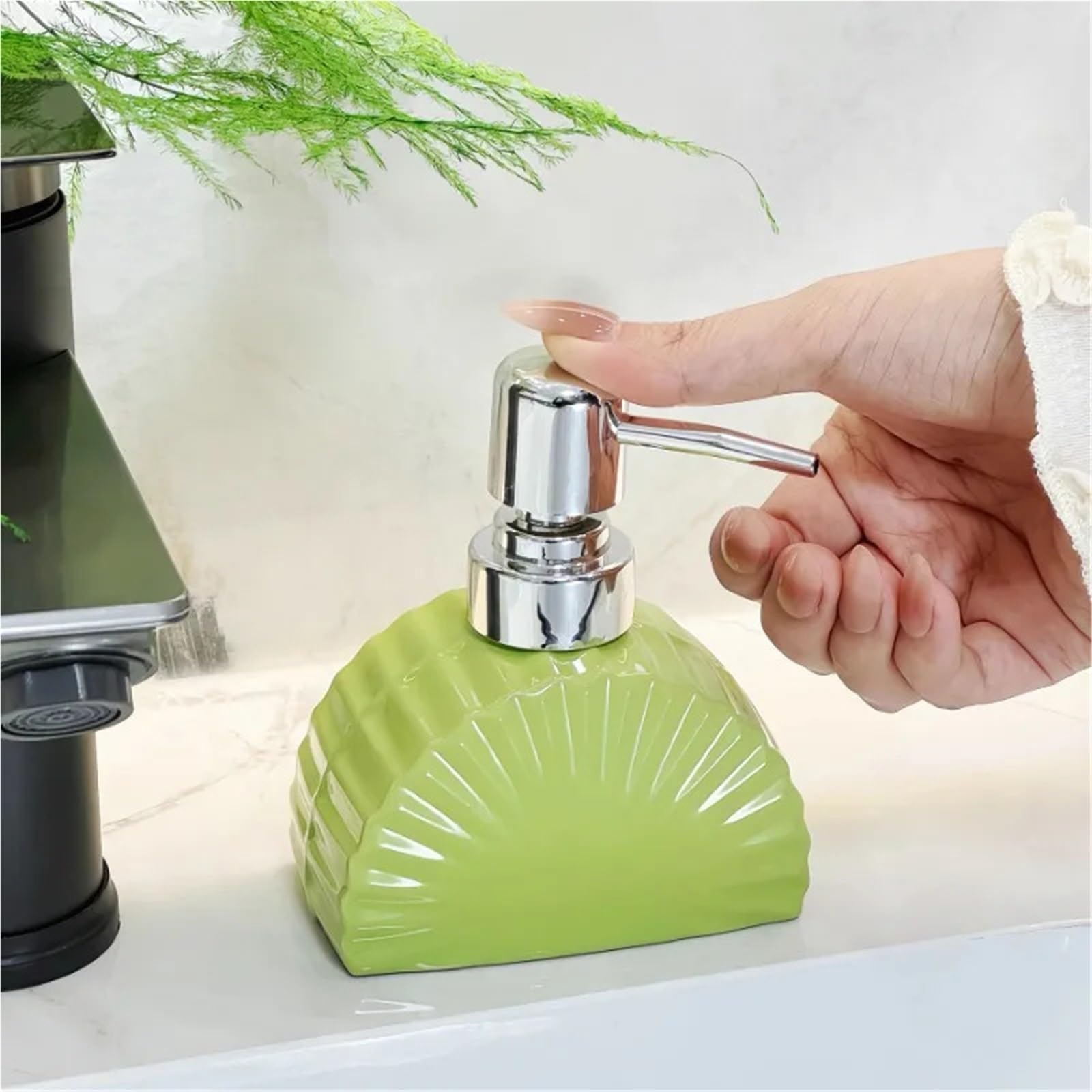 Ceramiczny dozownik mydła, Ceramiczny dozownik mydła w kształcie wachlarza Butelka dezynfekująca Żel pod prysznic Szampon Wielokolorowy Pusty(Green)
