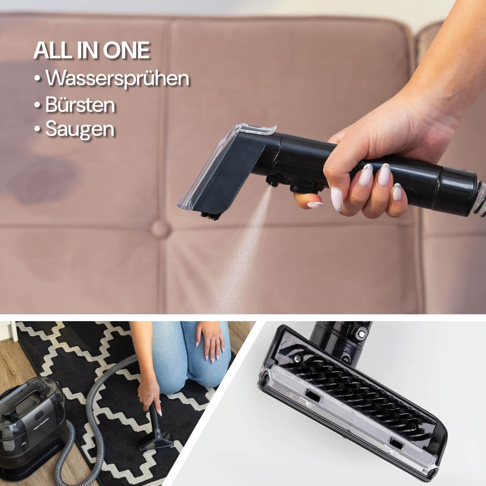 Tiefenreiniger Vitapur PRO - 350W-Motor, HEPA-Filter, duale Tanks für sauberes&schmutziges Wasser, vielseitige Aufsätze für die gründliche Reinigung von Teppichen, Polstern&Autositzen
