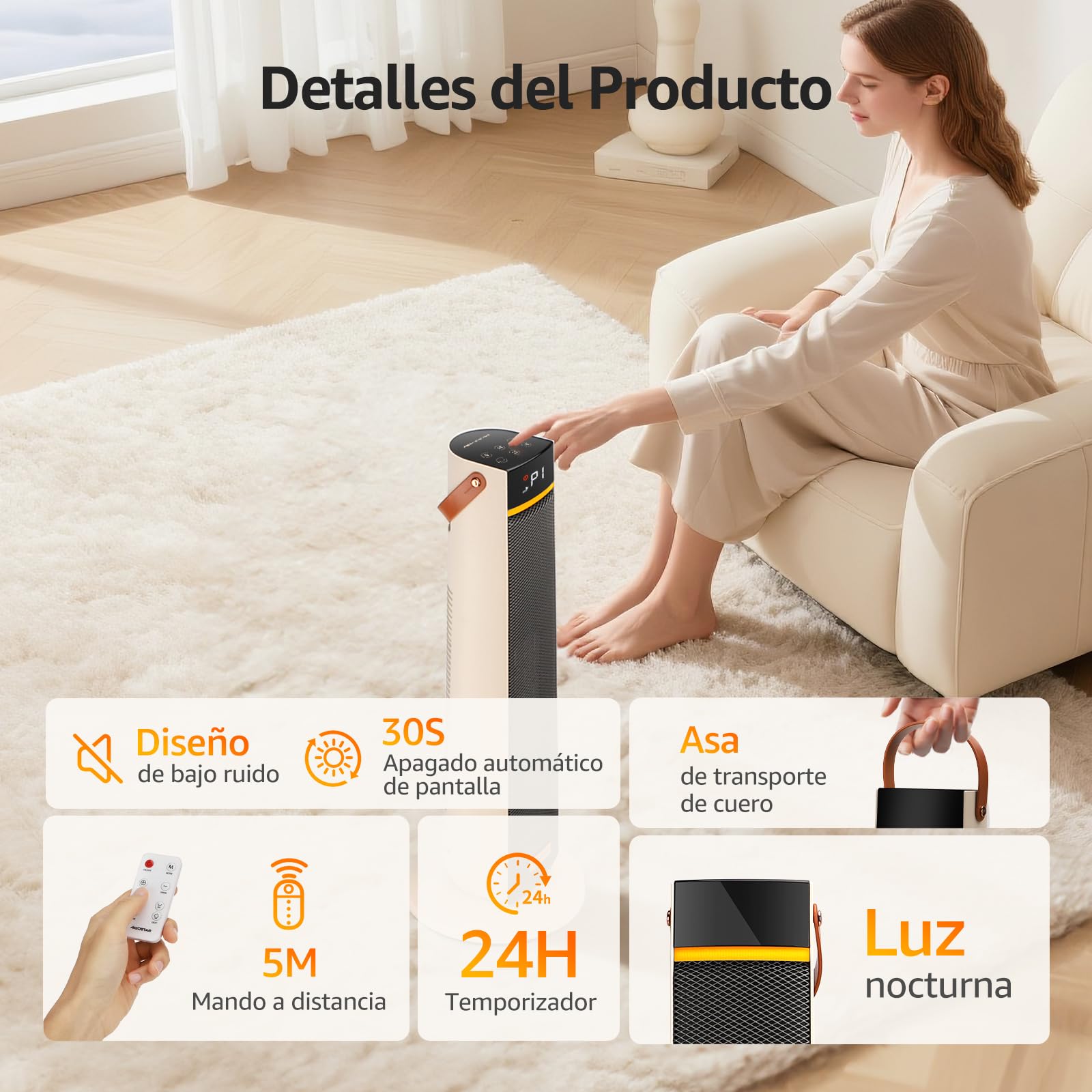 Aigostar Calefactor Cerámico con Luz Nocturna, Mando a Distancia y Pantalla Táctil LED, 2000W, Función ECO, 4 Modos, Silencioso, Temporizador 24H, Temperatura Ajustable 5-35°C, Oscilación y Asa