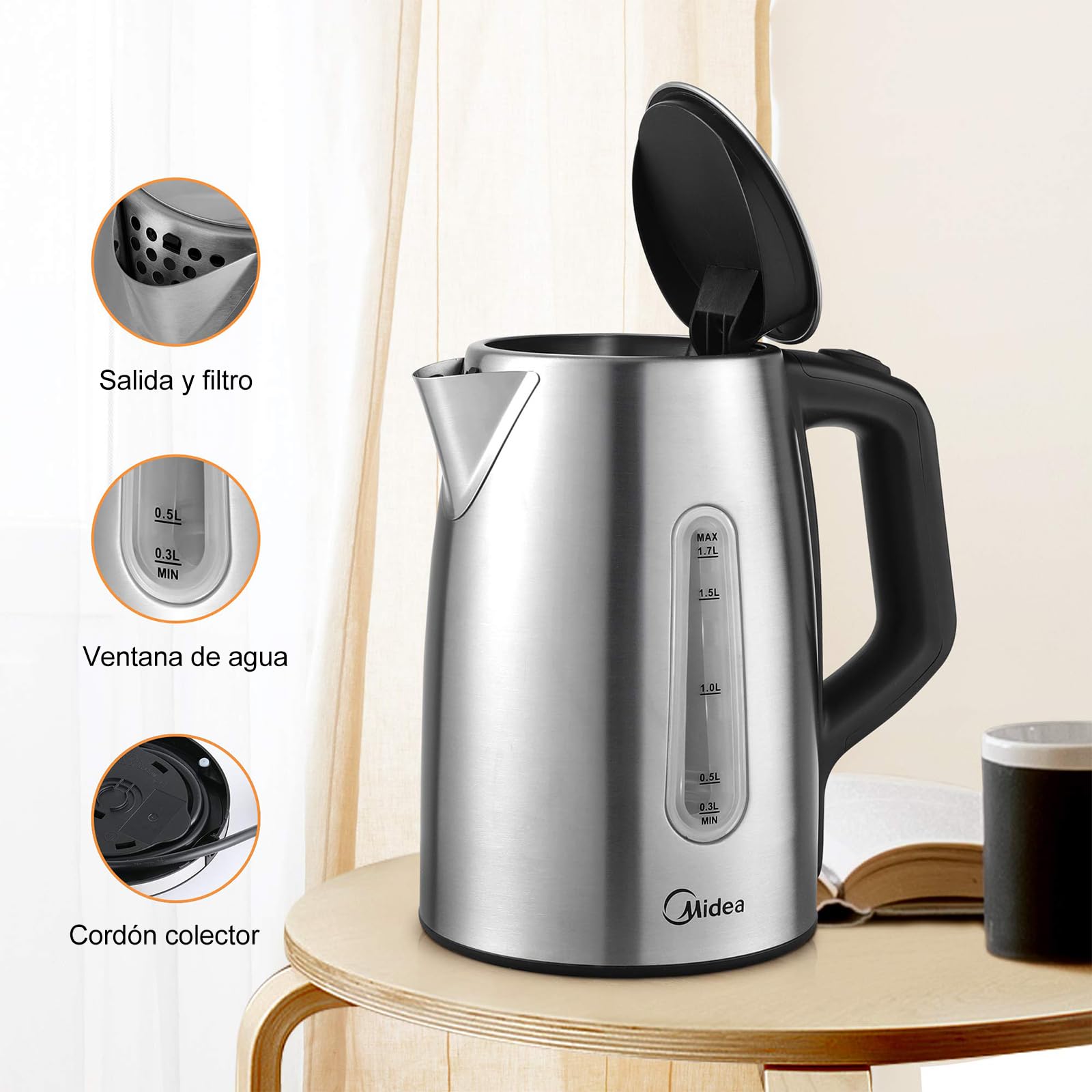 Midea Hervidor de Agua Eléctrico con Control de Temperatura (40, 60, 70, 80, 90, 100℃), Acero Inoxidable 1,7L Kettle, Hervidor Agua 2200W con Indicador del Nivel de Agua, Mantener caliente 60 minutos