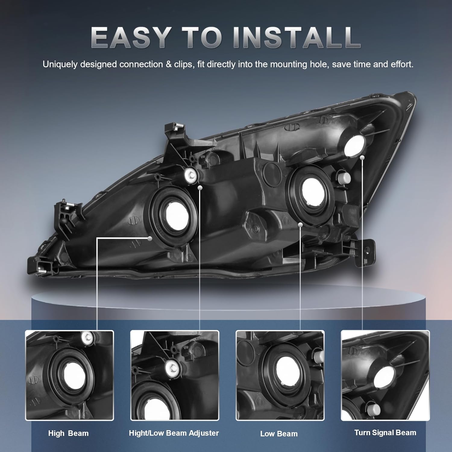 Headlights Assembly Replacement Compatible with 2003-2007 Honda Accord Halogen with Clear Lens Black Housing Amber Reflector Front Lamps Driver and Passenger Side (Set of 2)