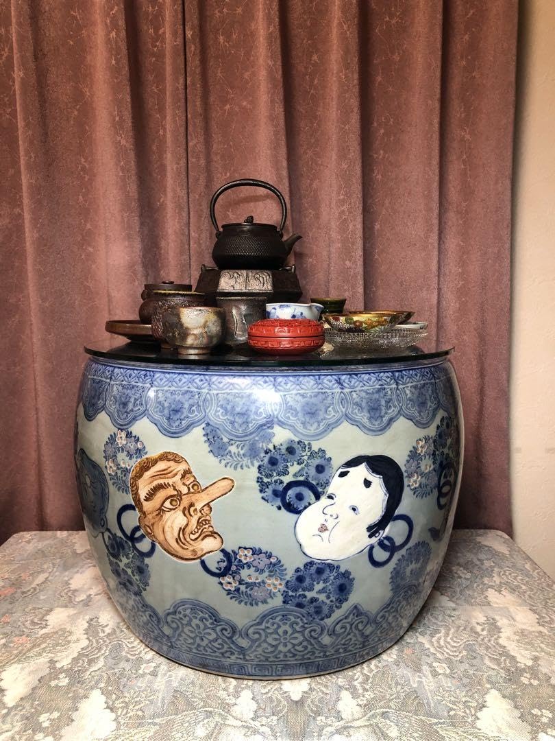 Amazon.co.jp: 明治有田上瀧製青花能面（翁面、天狗、百福）大火鉢 