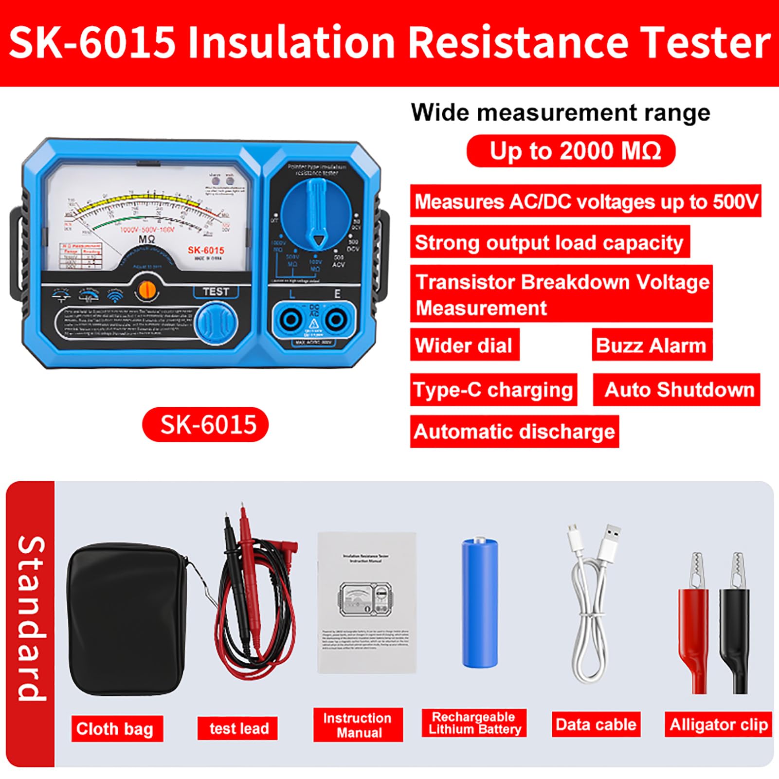 Karlak Tester di Resistenza di Isolamento Analogico Misuratore Tensione Tester Elettrico Puntatore Tipo 100 V 500 V 1000 USB C Ricarica Ampio Quadrante Retroilluminato Allarm (SK-6015)