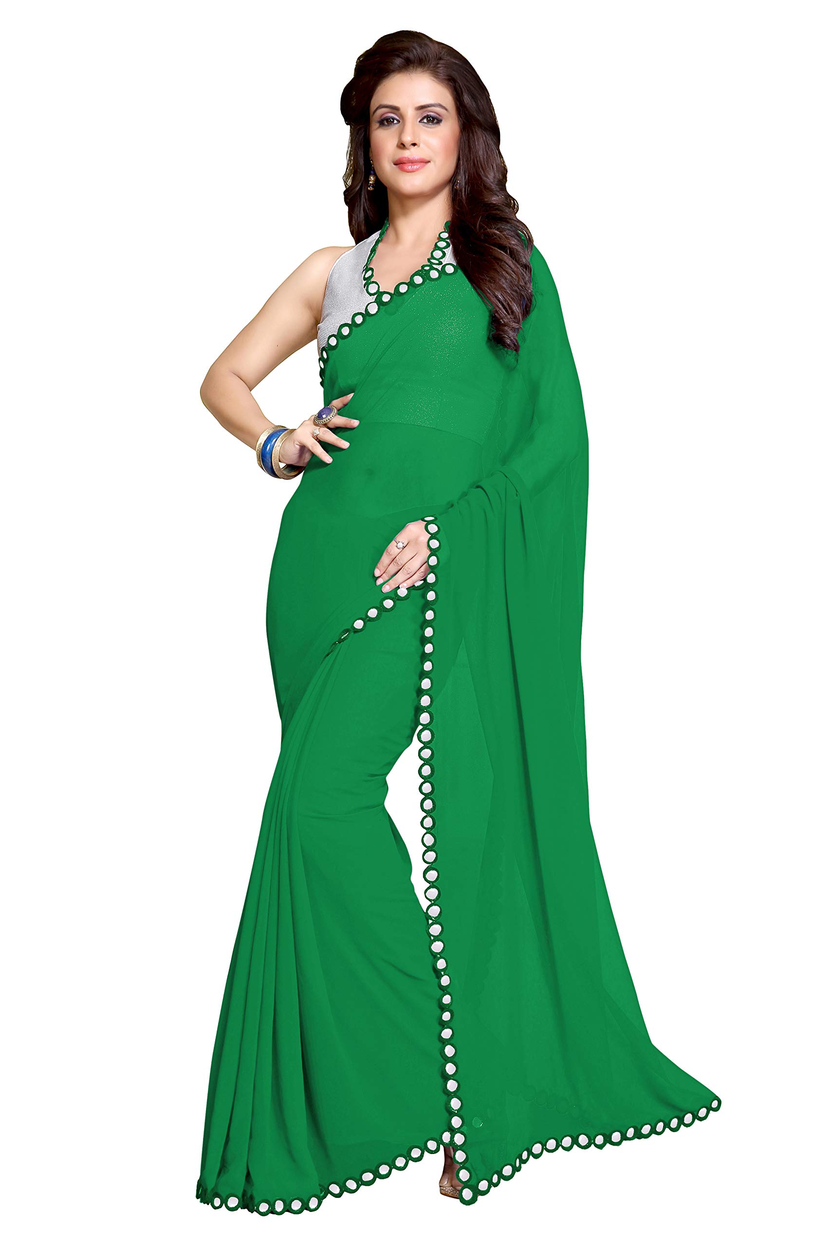SOURBH Mirchi Fashion Women's Plastic Mirror Border Indian Saree with Un-stitched Blouse