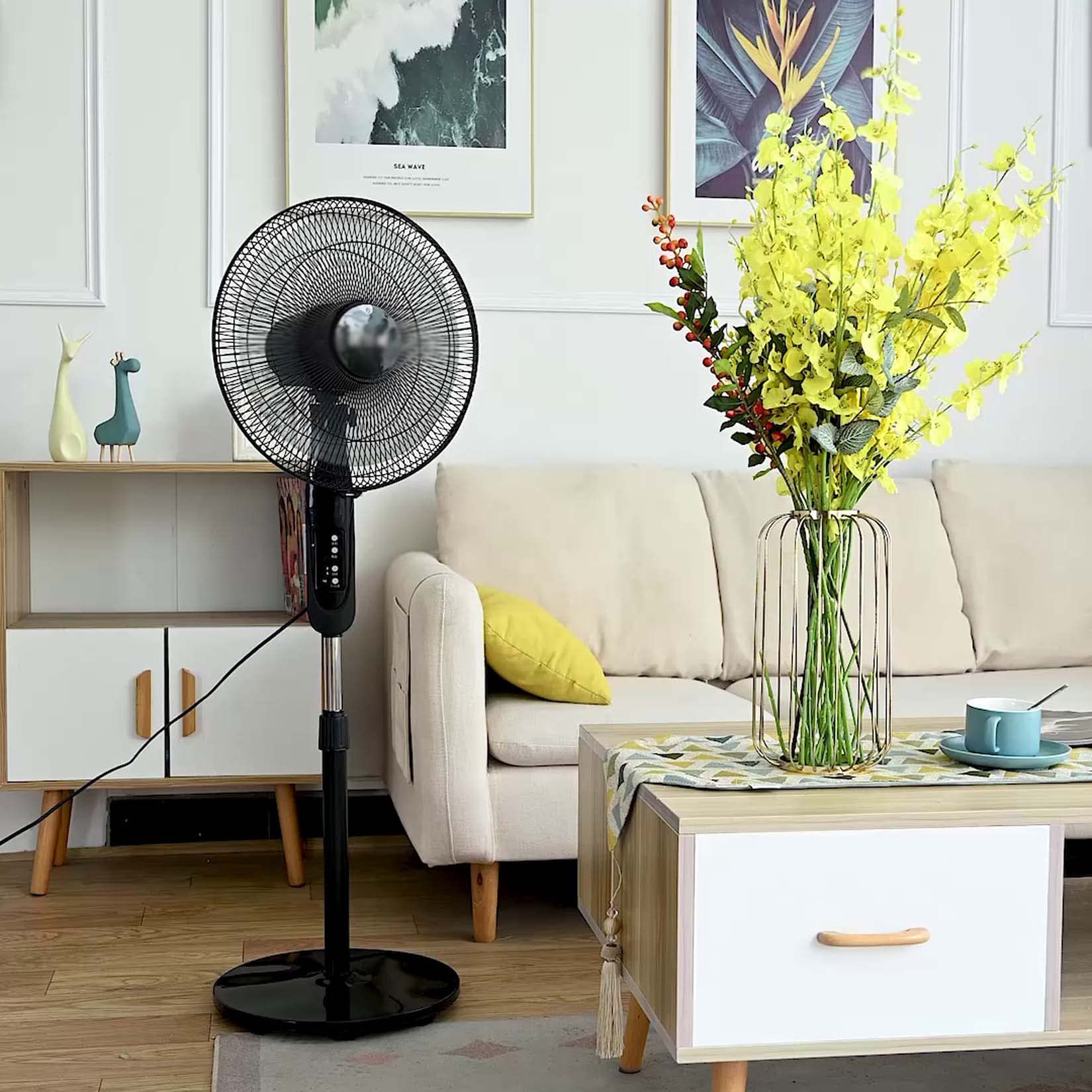 BNEI Ventilador de pie con Temporizador, 65 W, 15 aspas, oscilante, silencioso, 3 velocidades, Regulable, para Oficina, hogar, (Negro) (Remote Control)