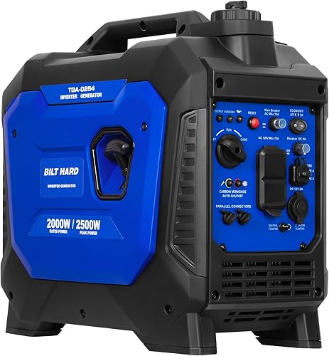 BILT HARD Generador de gas de 2500 W, generador inversor silencioso de 4 tiempos de 80 cc con sensor de CO, listo para paralelo, receptáculo dúplex