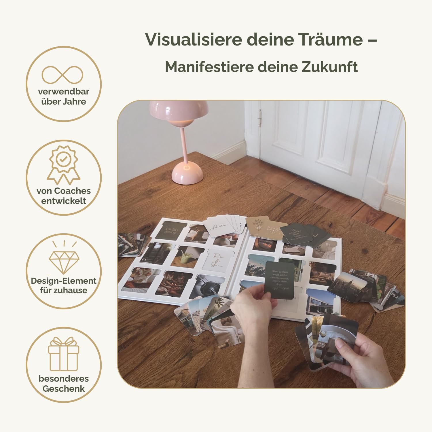 Vision Board Set – 200 Bildkarten & Affirmationen zum Manifestieren – inkl. 24 Seiten Workbook für Ziele, Klarheit & Motivation – Geschenkidee für Frauen