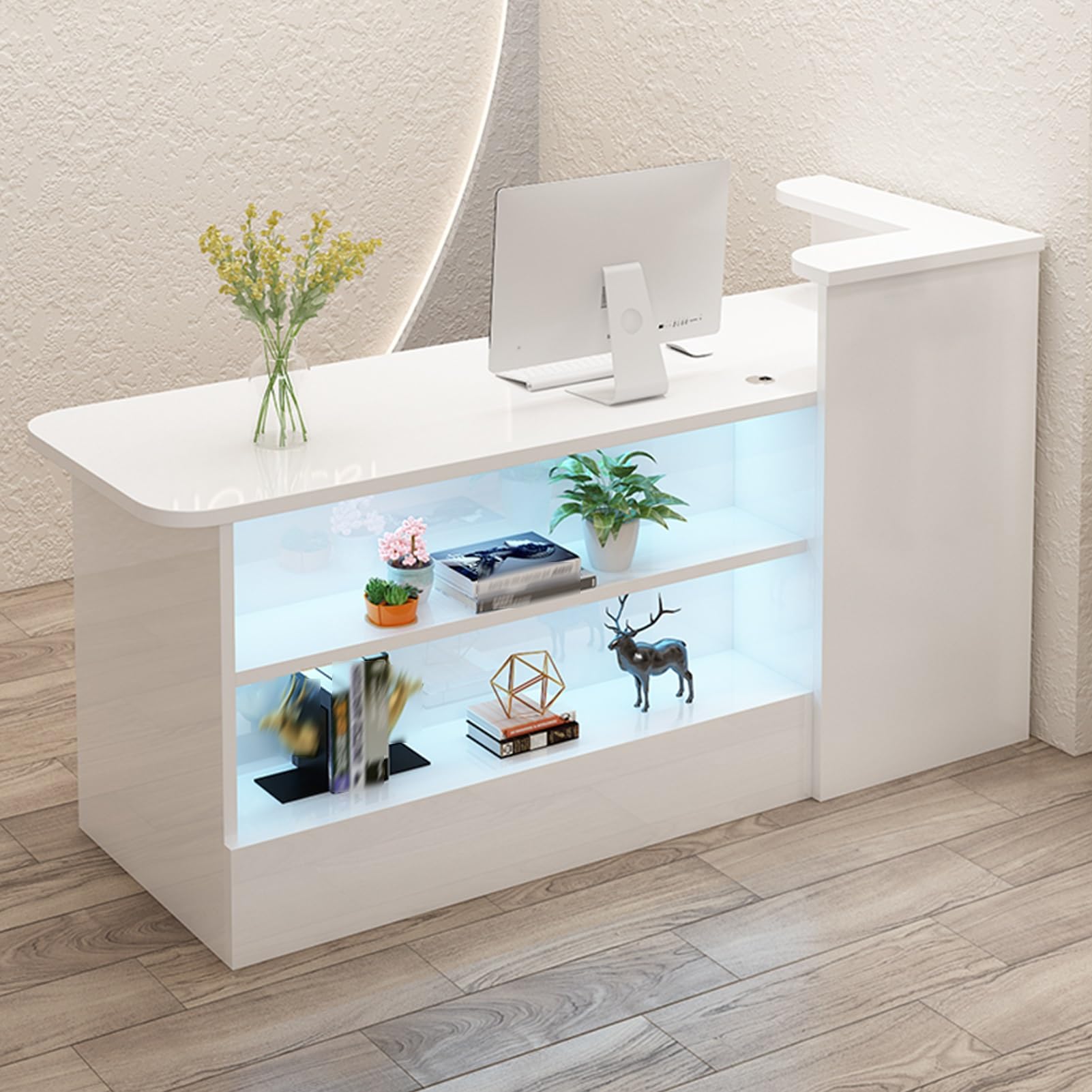 Reception Desk with Counter, Open Reception Counter Desk with Display Shelf and Drawers, Large Front Desk Reception, Standing Retail Checkout Counter Table(Left high,59"x21.6"x39.3")