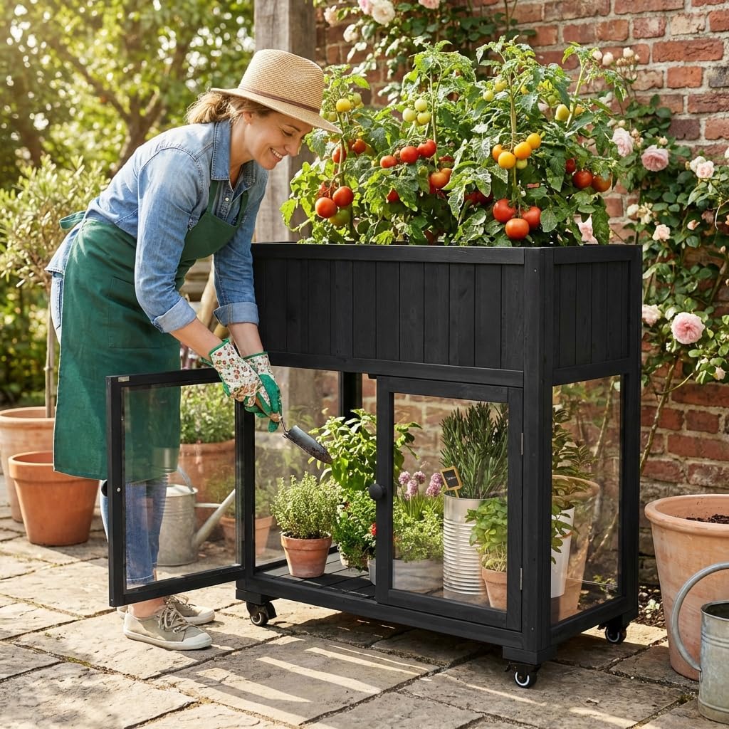 Mini Wood Cold Frame, Compact Garden Greenhouse with Plant Bench Two Doors and Wheels, Raised Potting Bench with Storage Planter Bed with Liner for Indoor Outdoor Potting Bench Use, Black