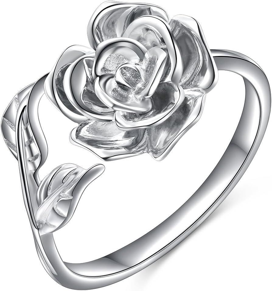 Alphm Valentines Day Rose Gifts S925 Sterling Silver Rose Flower Ring Adjustable Wrap Open Jewelry for Women Friend Mom Bride Girlfriend Sisters Teen