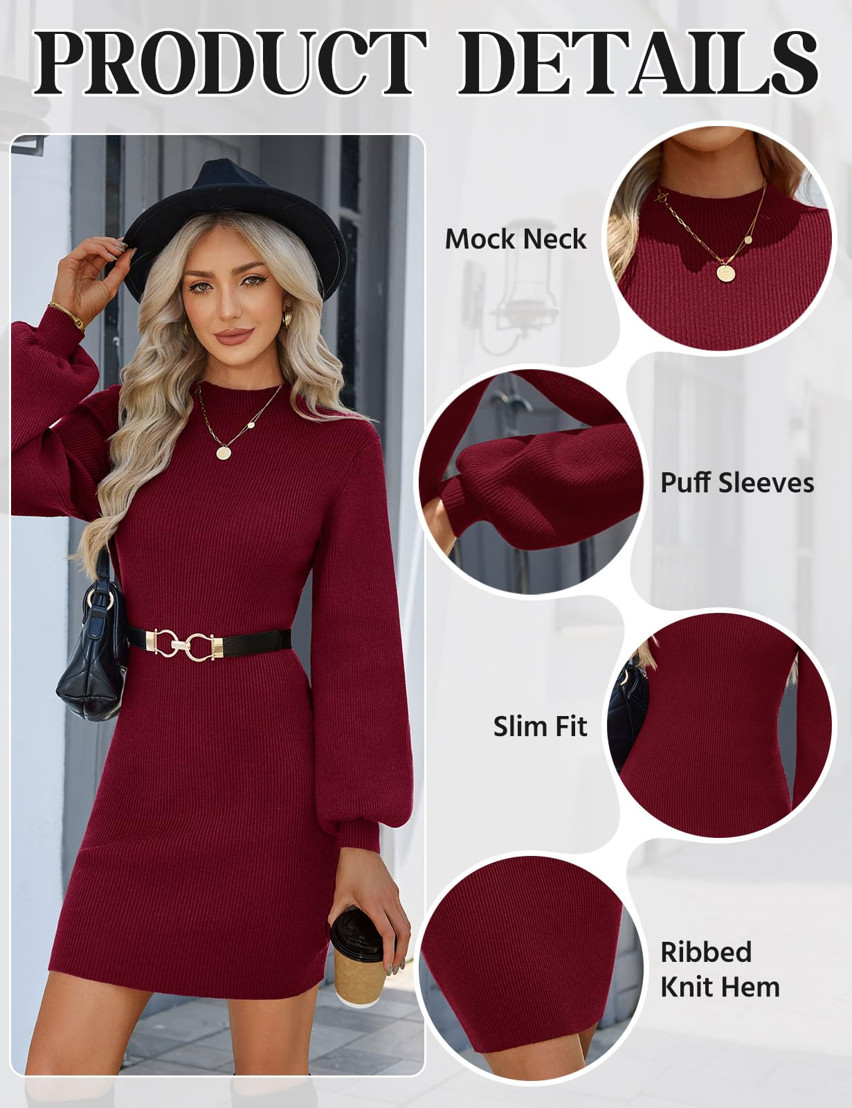 heekpek Robe Pull Femme Hiver Chic et Elégant Mi-Longue | Robes Tricoté Doux Chaud,Robes Elástique Slim Fit,Haut Col Roulé Manches Lanternes,Mini Robe Moulante Automne d'Hiver