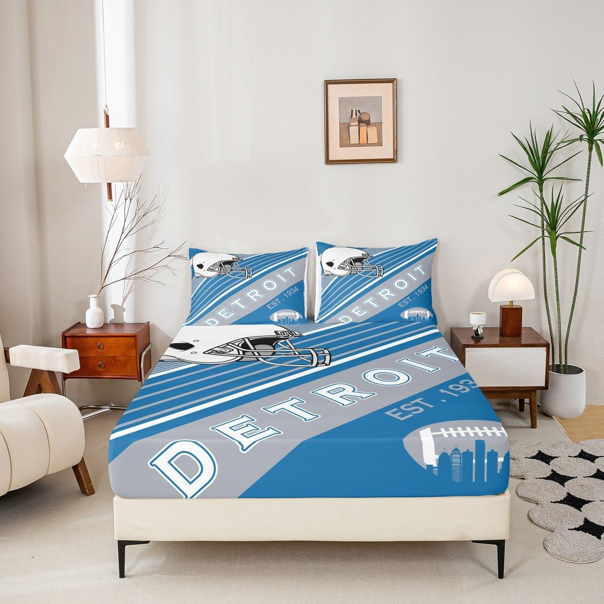 Erosebridal Sports Football Bed Sheets White and Sky Blue Rugby Helmet Bedding Set Full, American Football City Themed Fitted Sheet Retro 3D Ball Game Sheets with 2 Pillowcases(Detroit)
