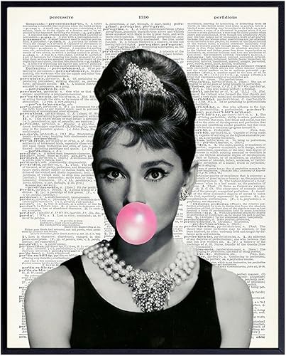 Audrey Hepburn Blowing Bubble - Wall Art Print on Dictionary Photo - Ready to Frame (8X10) Vintage Photo - Great Home Decor or Gift For Pop Art