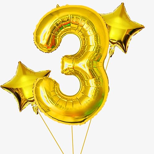 Vista 4 de Bornsun 40 Inch Gold Number 3 Balloons for Third Birthday,Gold Third Birthday Balloons,3rd Birthday Balloon Party Decor Supplies with Giant Number 3
